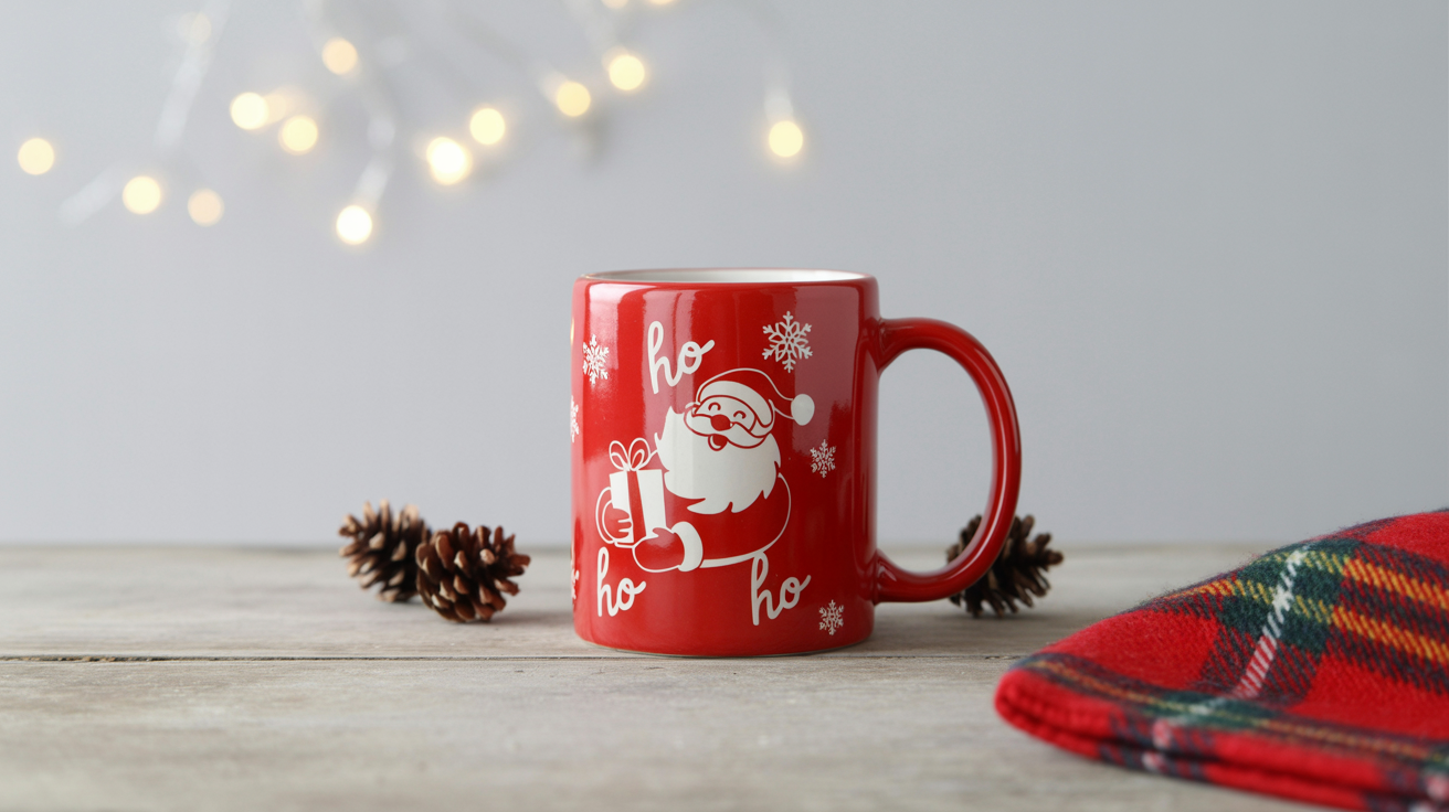 A festive product mockup of a red Christmas mug featuring Santa Claus and the text 'HO HO HO', set against a cozy, softly lit holiday background with pinecones and lights.