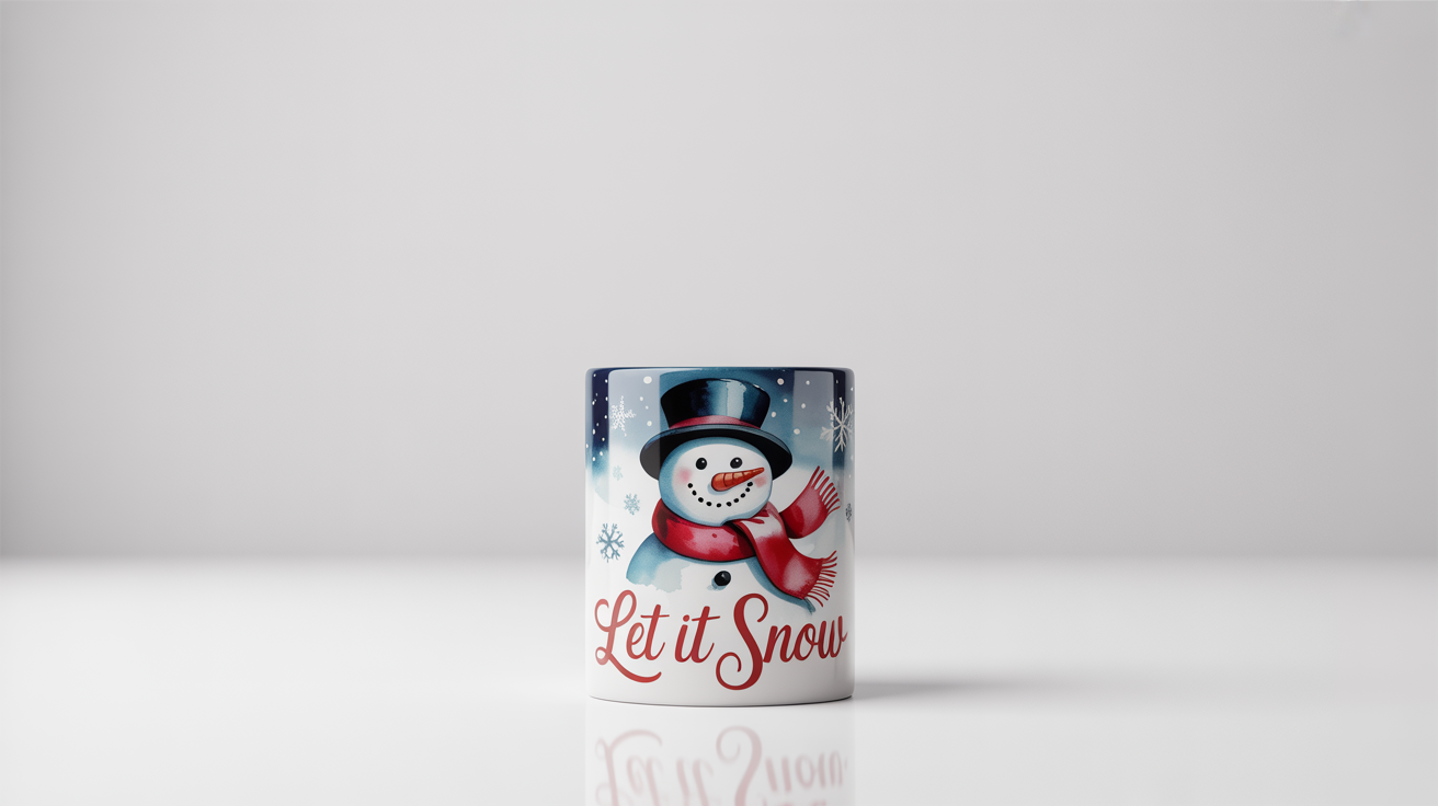 A festive Christmas mug mockup featuring a watercolor snowman and the text 'Let It Snow', presented against a clean white background.