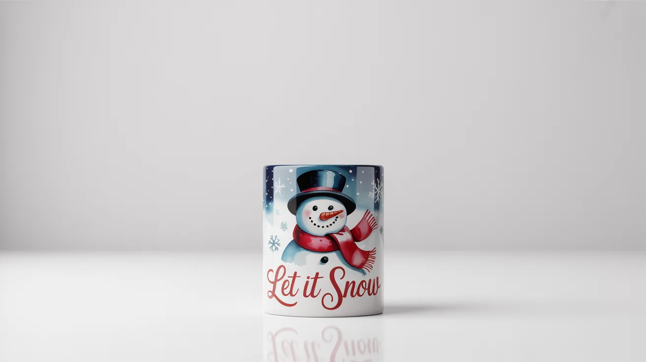 A festive Christmas mug mockup featuring a watercolor snowman and the text 'Let It Snow', presented against a clean white background.