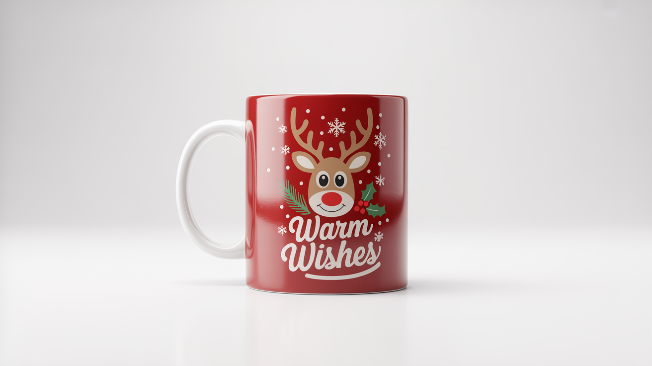 A photorealistic mockup of a white ceramic mug with a Christmas design featuring a cute reindeer and the text 'Warm Wishes', set against a plain white background.
