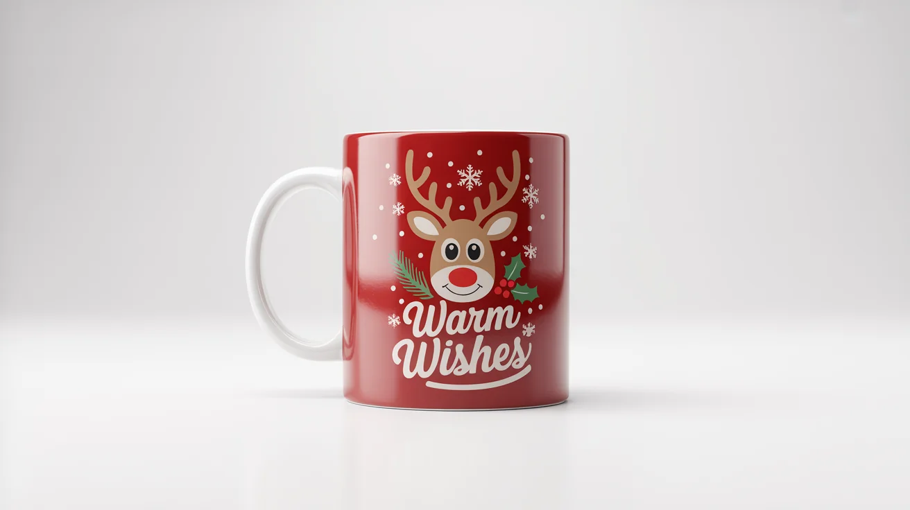 A photorealistic mockup of a white ceramic mug with a Christmas design featuring a cute reindeer and the text 'Warm Wishes', set against a plain white background.