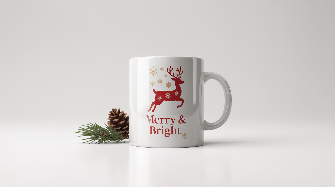 A product mockup of a white ceramic mug with a Christmas design featuring a red reindeer, gold snowflakes, and the text 'Merry & Bright' on a clean white background.