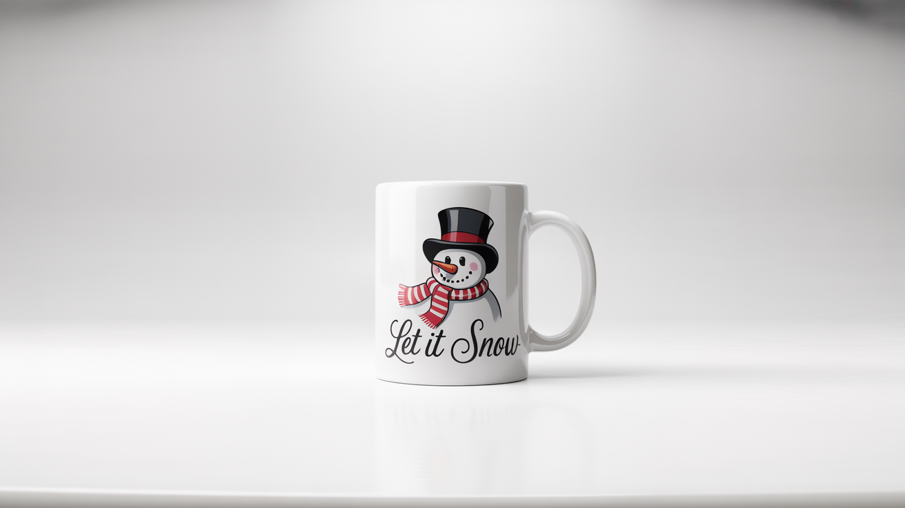 A photorealistic mockup of a white ceramic mug with a Christmas design featuring a smiling snowman and the text 'Let it Snow', set against a clean white background.