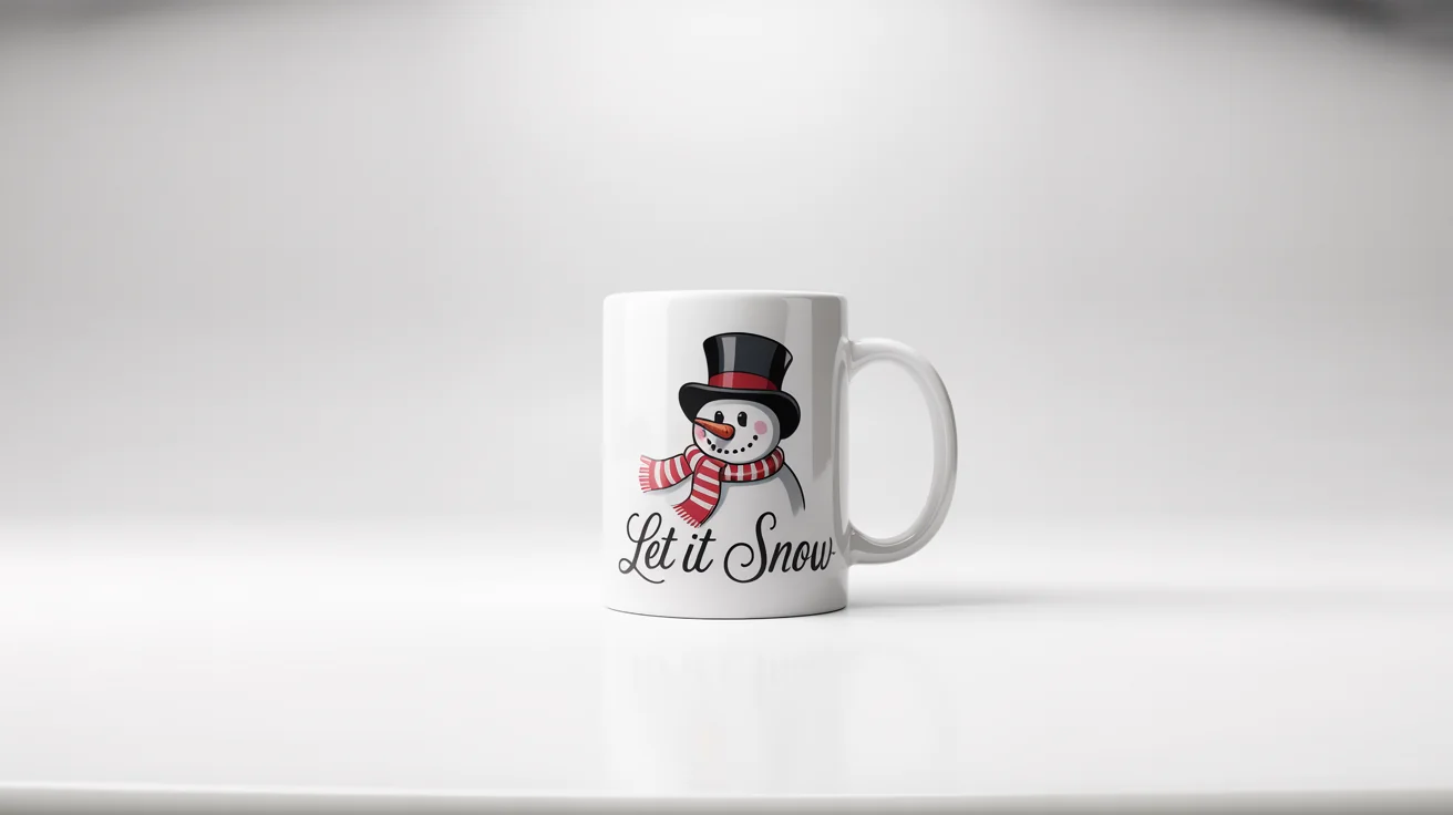 A photorealistic mockup of a white ceramic mug with a Christmas design featuring a smiling snowman and the text 'Let it Snow', set against a clean white background.