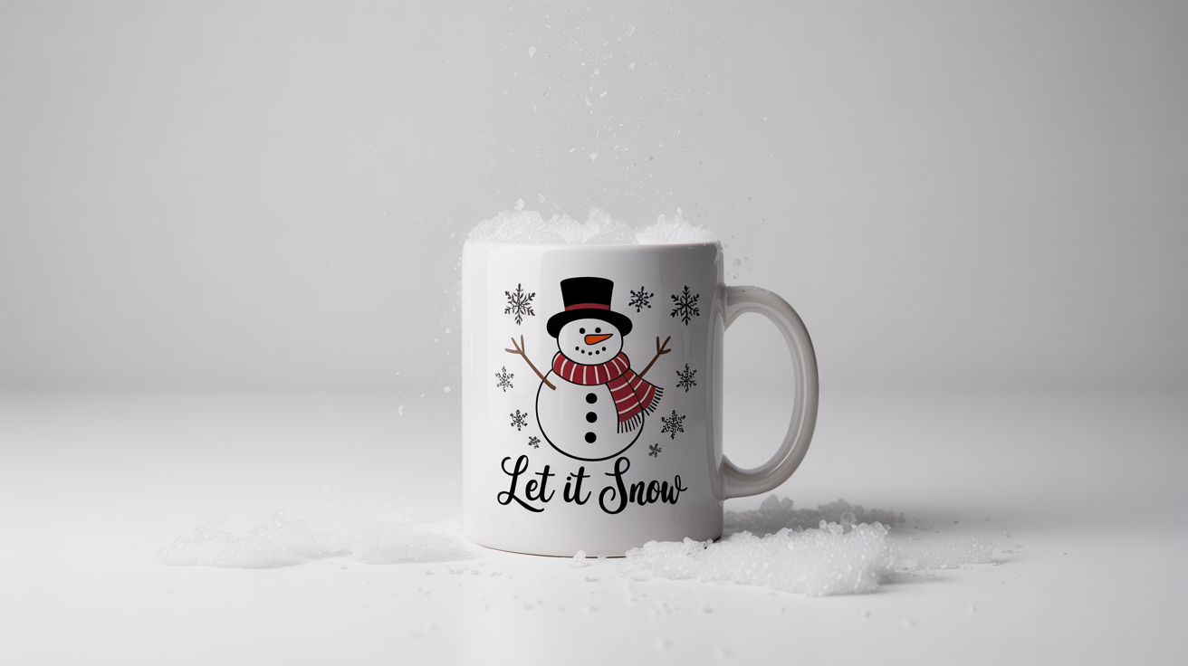 A photorealistic mockup of a white Christmas mug with a snowman design and the text 'Let It Snow', set against a clean white background.