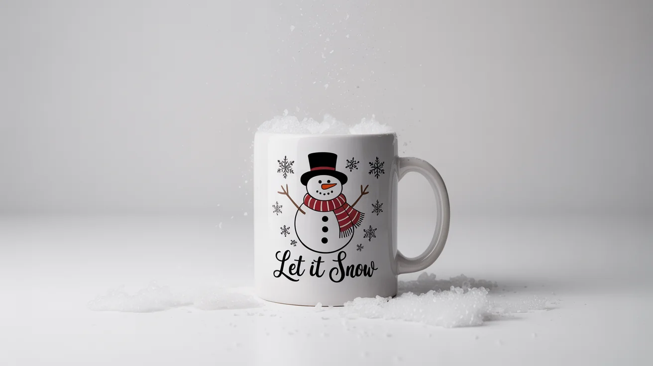 A photorealistic mockup of a white Christmas mug with a snowman design and the text 'Let It Snow', set against a clean white background.