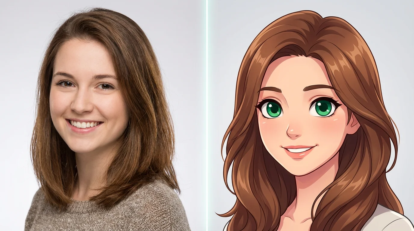 A split-screen image showing a realistic photo of a woman on the left and her stunning, high-quality anime counterpart on the right, demonstrating the result of an anime face generator.