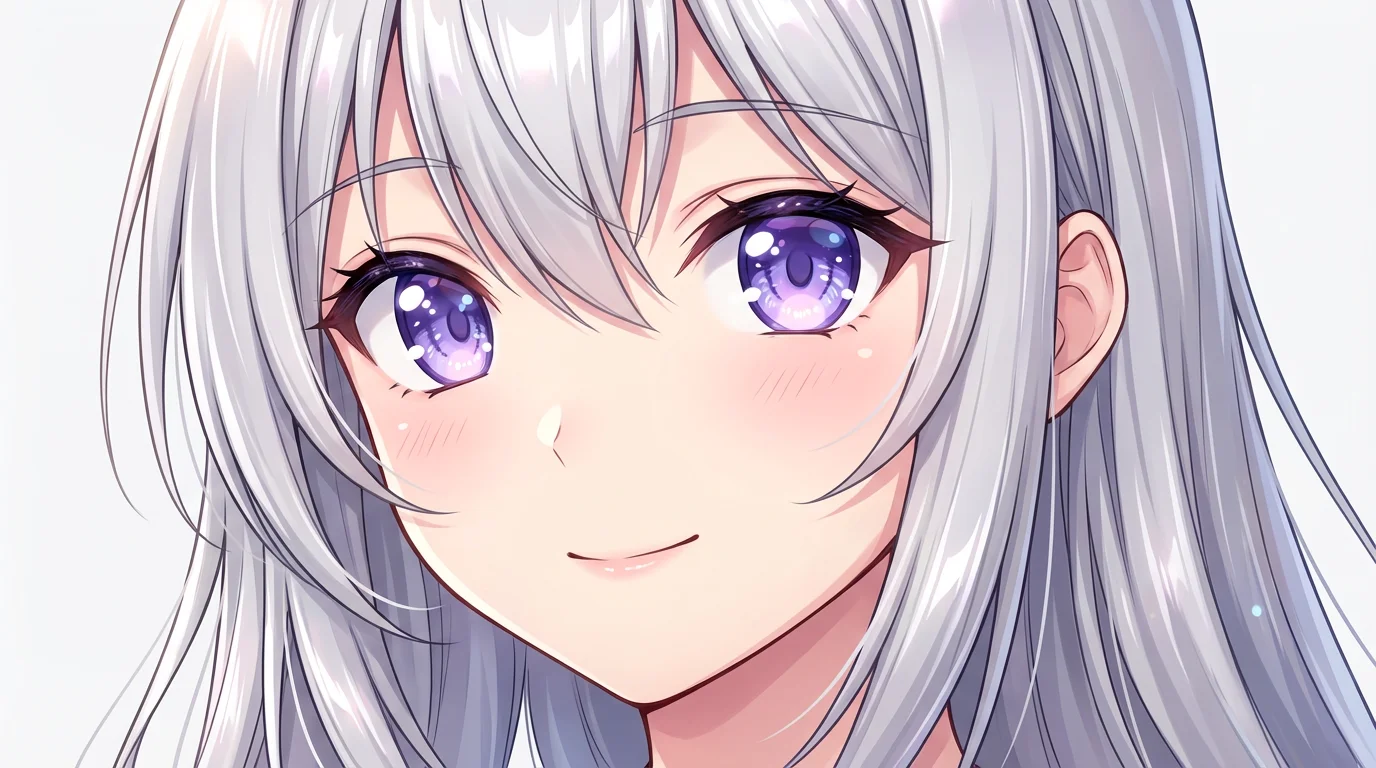 A detailed, high-quality illustration of an anime girl's face, featuring large purple eyes and flowing silver hair, presented against a clean white background.