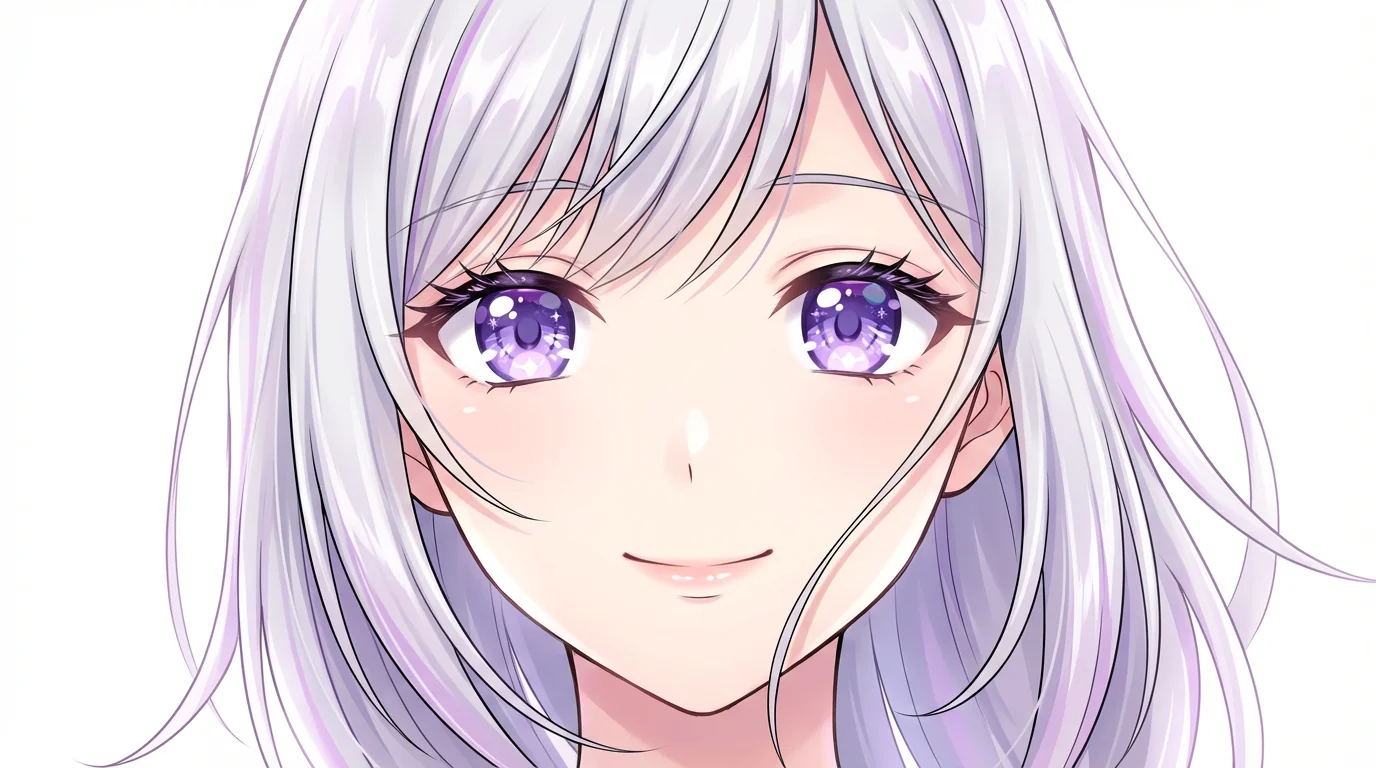 A hyper-detailed close-up of a female anime character's face with large purple eyes and flowing silver hair against a plain white background, illustrating a modern anime art style.