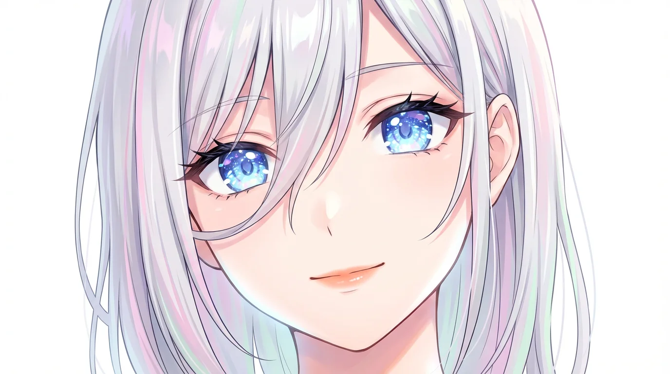 A detailed close-up digital illustration of a beautiful anime girl's face against a white background. She has large blue eyes and flowing silvery-white hair with pastel highlights.