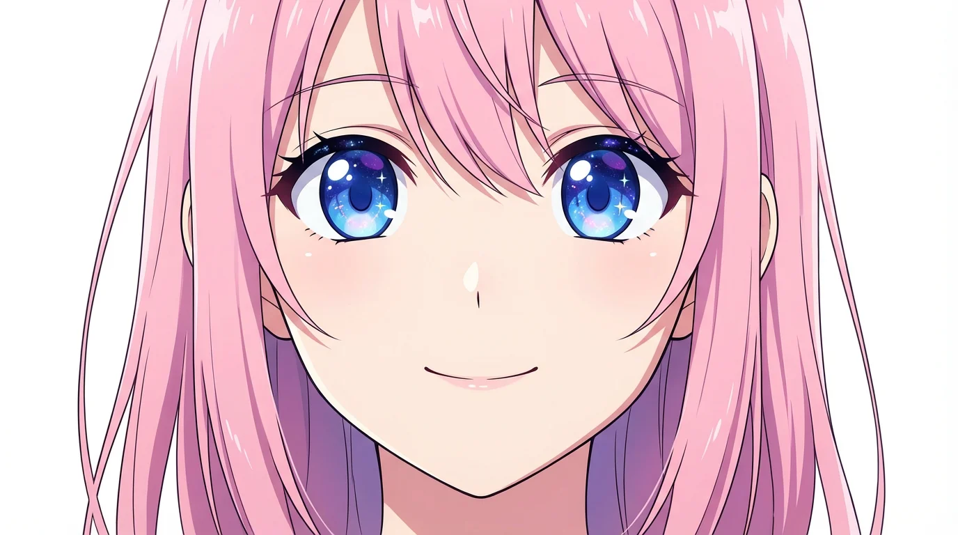 A close-up portrait of a beautifully drawn anime girl's face in a modern style. She has large, sparkling blue eyes, flowing pink hair, and a gentle smile, set against a clean white background.