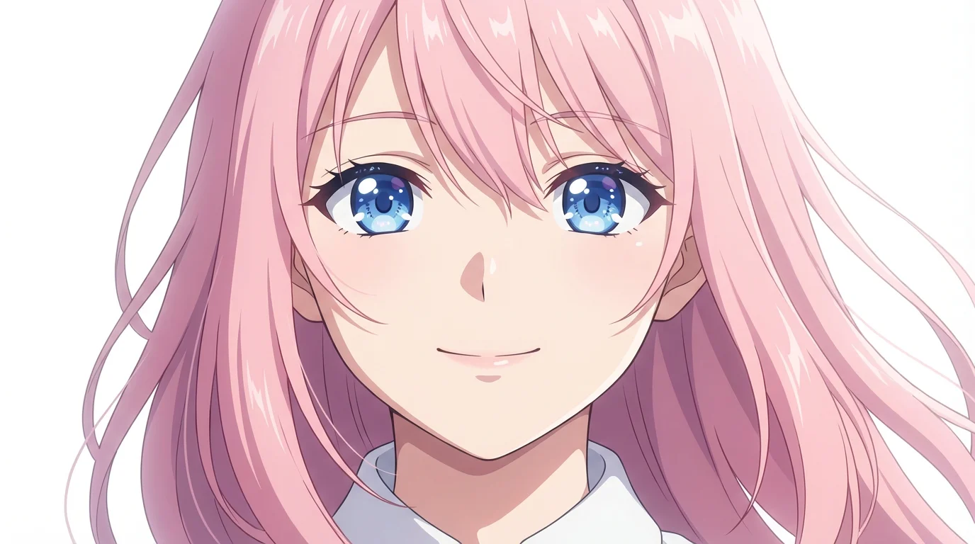 A close-up portrait of a beautifully rendered anime girl's face with large blue eyes and flowing pink hair, set against a plain white background.