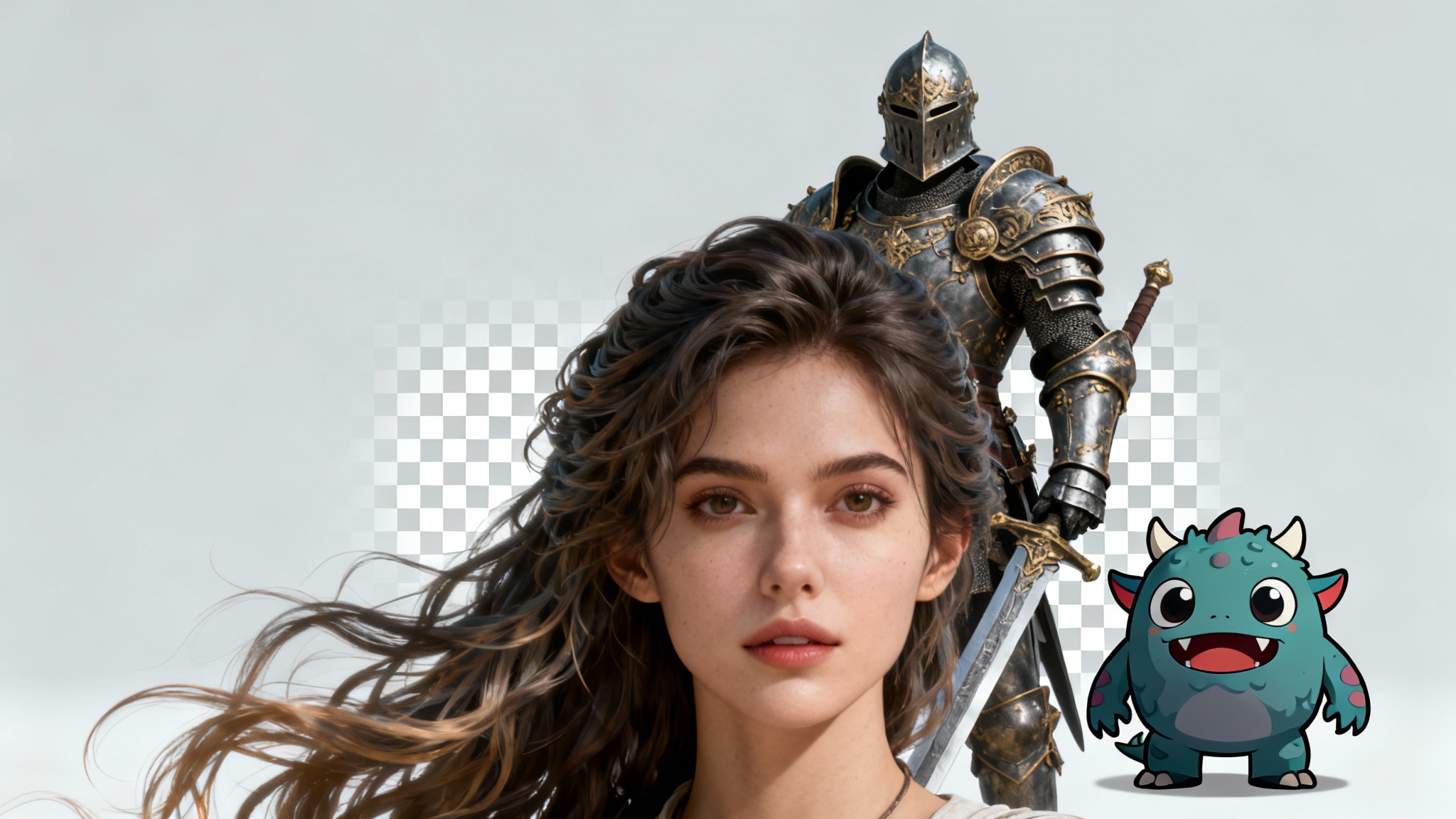 A woman, a 3D knight, and a cartoon monster layered together with their backgrounds perfectly removed, demonstrating a character background removal tool.
