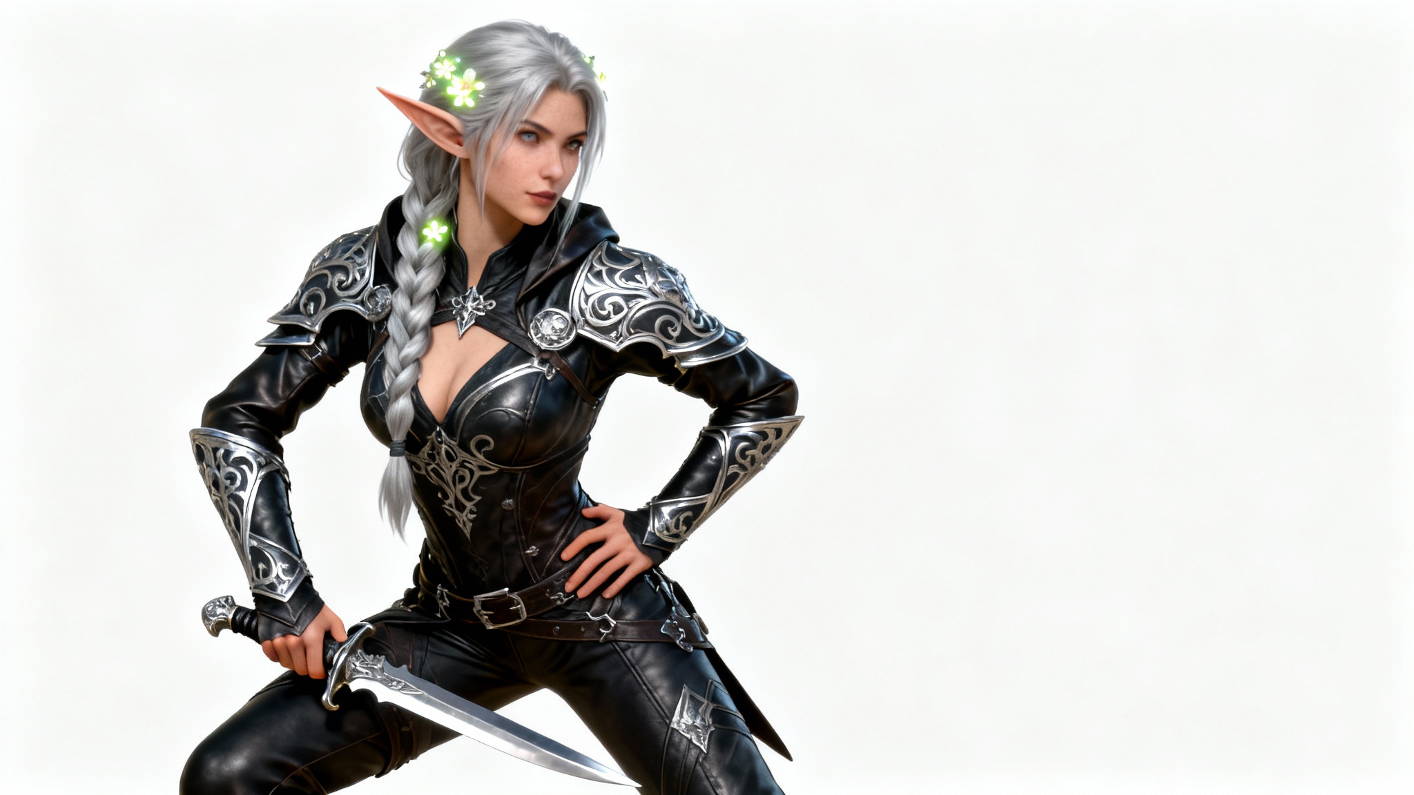 A full-body 3D render of a female elf rogue character with silver hair and detailed leather armor, posing confidently against a solid white background.