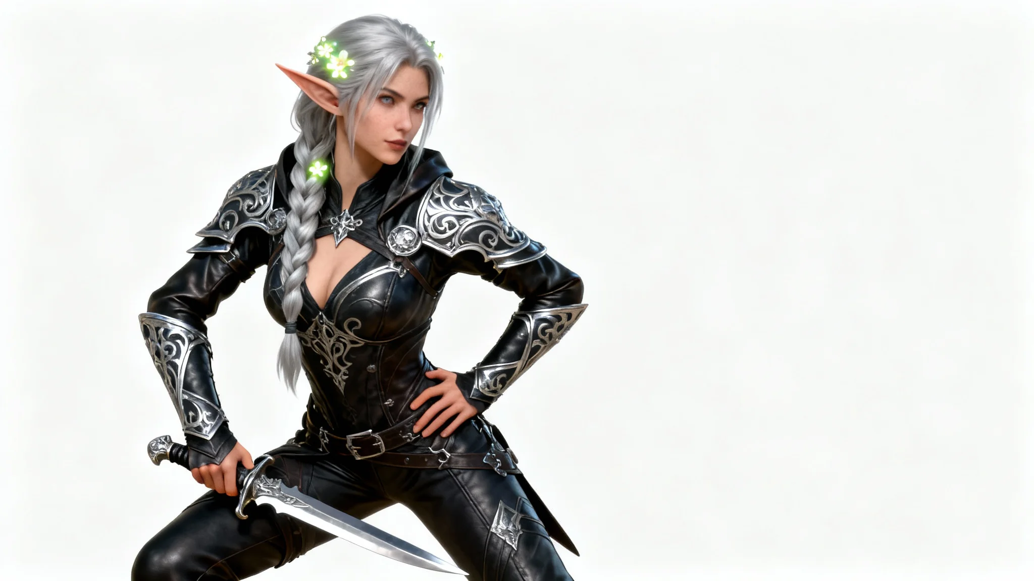 A full-body 3D render of a female elf rogue character with silver hair and detailed leather armor, posing confidently against a solid white background.