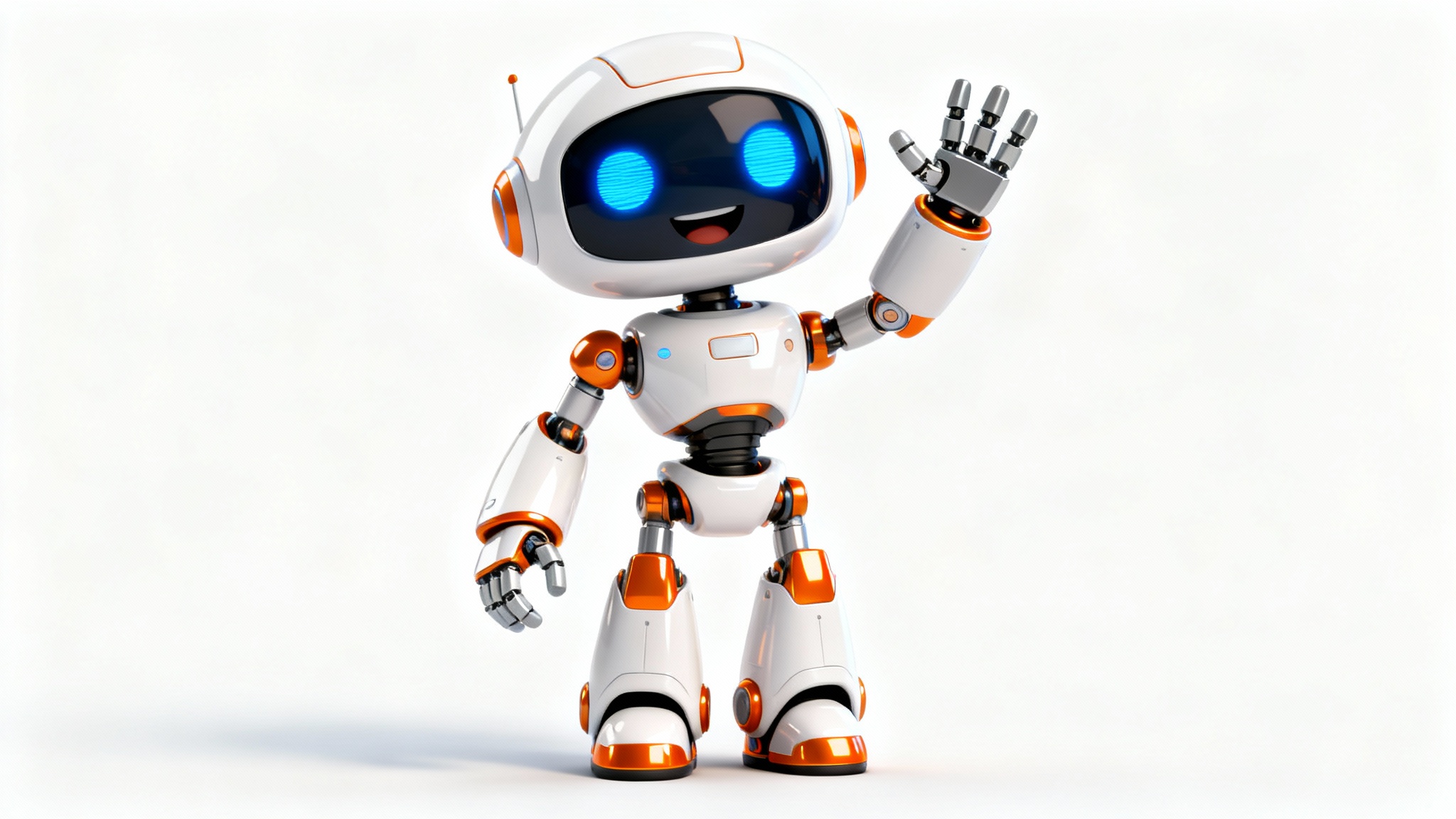 A friendly 3D cartoon robot waving, shown against a solid white background to illustrate the clean edges and transparency of the character design.