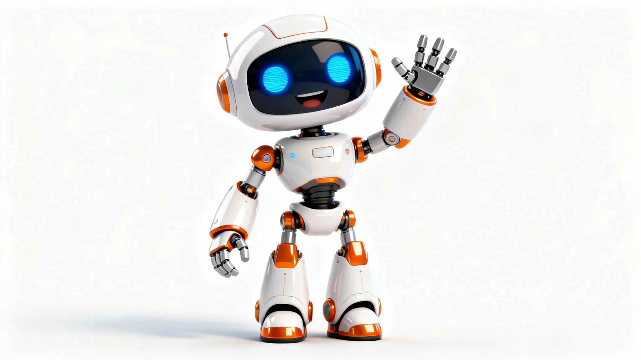 A friendly 3D cartoon robot waving, shown against a solid white background to illustrate the clean edges and transparency of the character design.