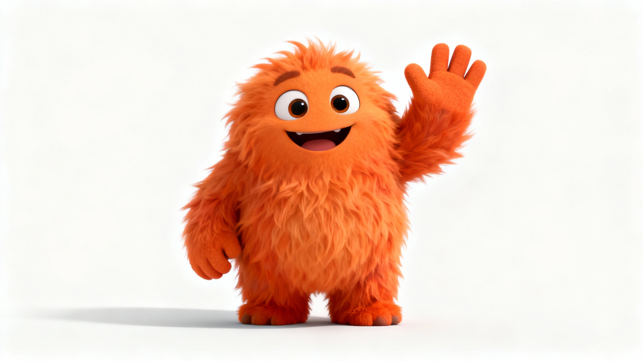 A vibrant 3D rendering of a friendly, fluffy orange monster waving. The character is isolated on a plain white background, highlighting its clean edges to represent the transparent background feature.