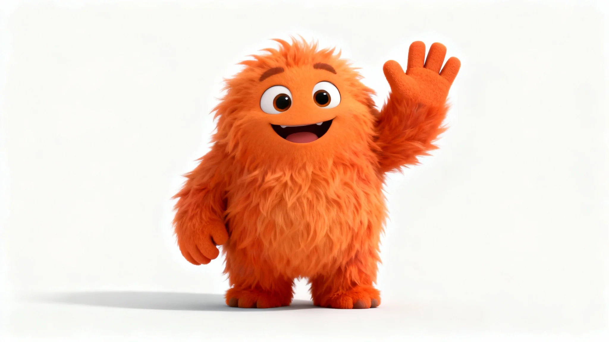 A vibrant 3D rendering of a friendly, fluffy orange monster waving. The character is isolated on a plain white background, highlighting its clean edges to represent the transparent background feature.