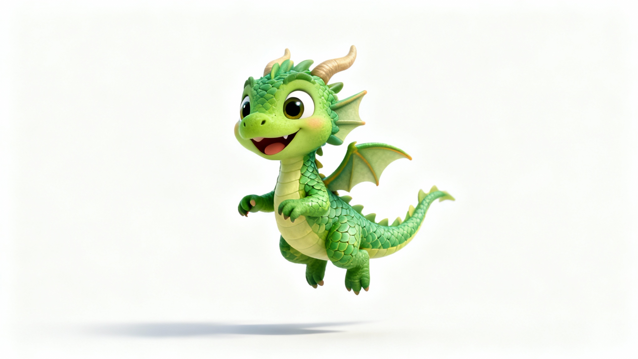 A friendly, green cartoon dragon character rendered in 3D, isolated on a stark white background to showcase the transparent background feature.