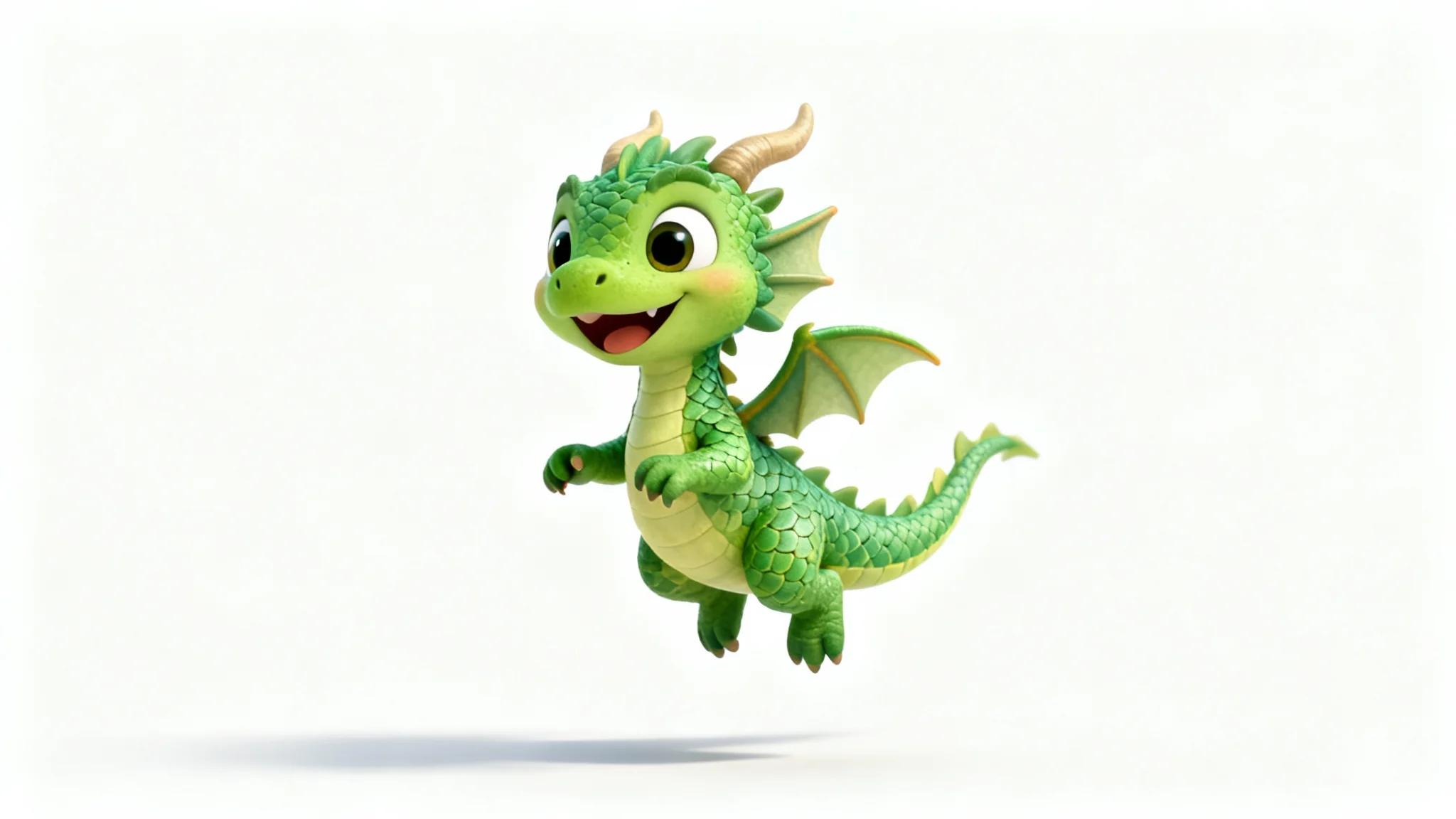A friendly, green cartoon dragon character rendered in 3D, isolated on a stark white background to showcase the transparent background feature.