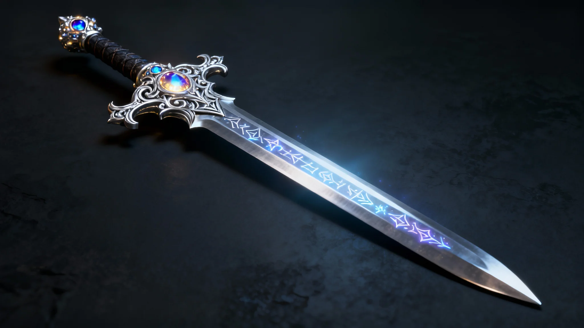 A photorealistic digital rendering of an ornate fantasy sword with a jewel-encrusted hilt and glowing runes, displayed against a dark, dramatic background.