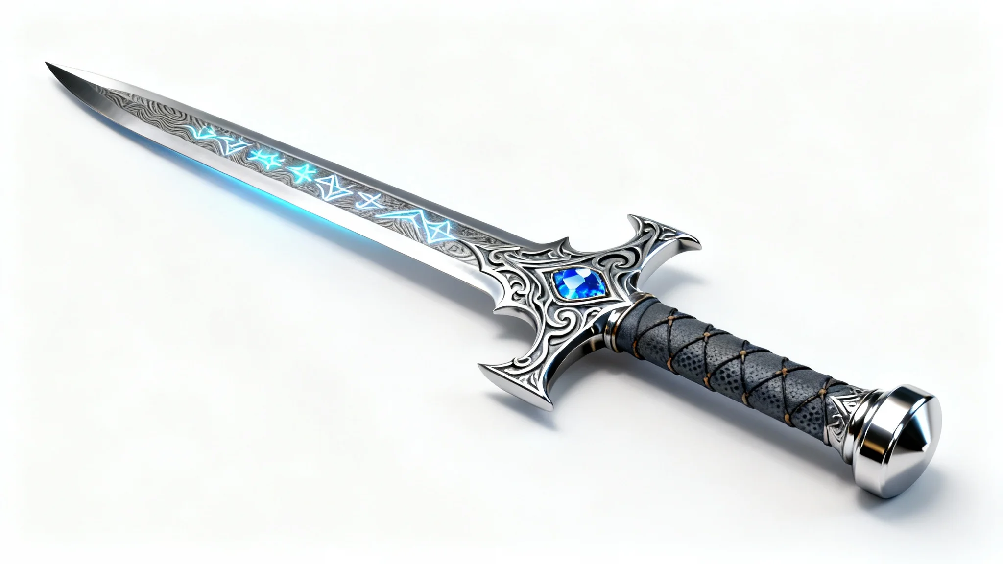 A photorealistic image of a masterfully crafted fantasy sword, featuring a Damascus steel blade with glowing runes and an ornate hilt with a sapphire gem, set against a plain white background.