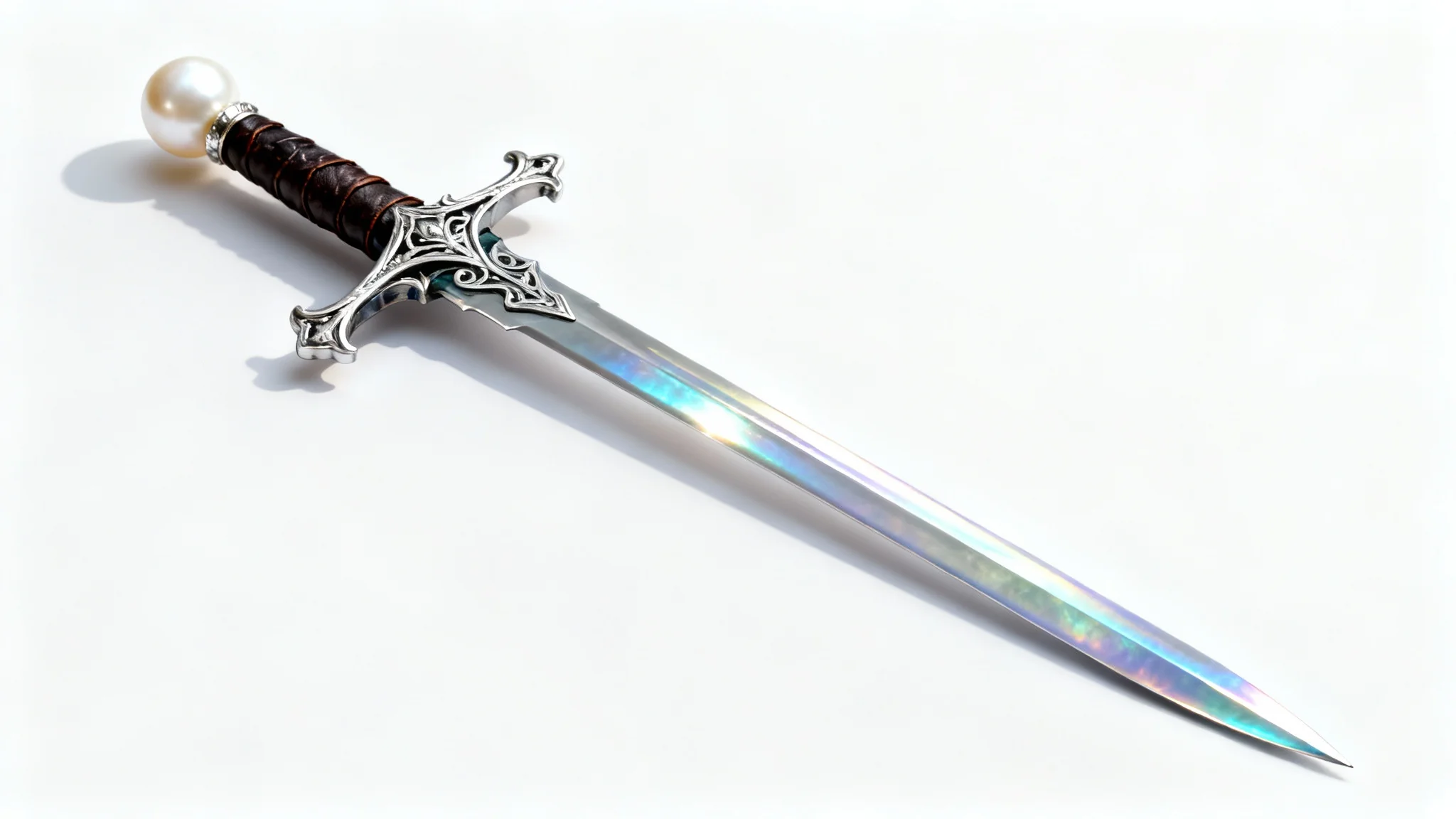 A photorealistic mockup of an epic fantasy sword with an obsidian and silver hilt and an iridescent steel blade, presented on a clean white background.