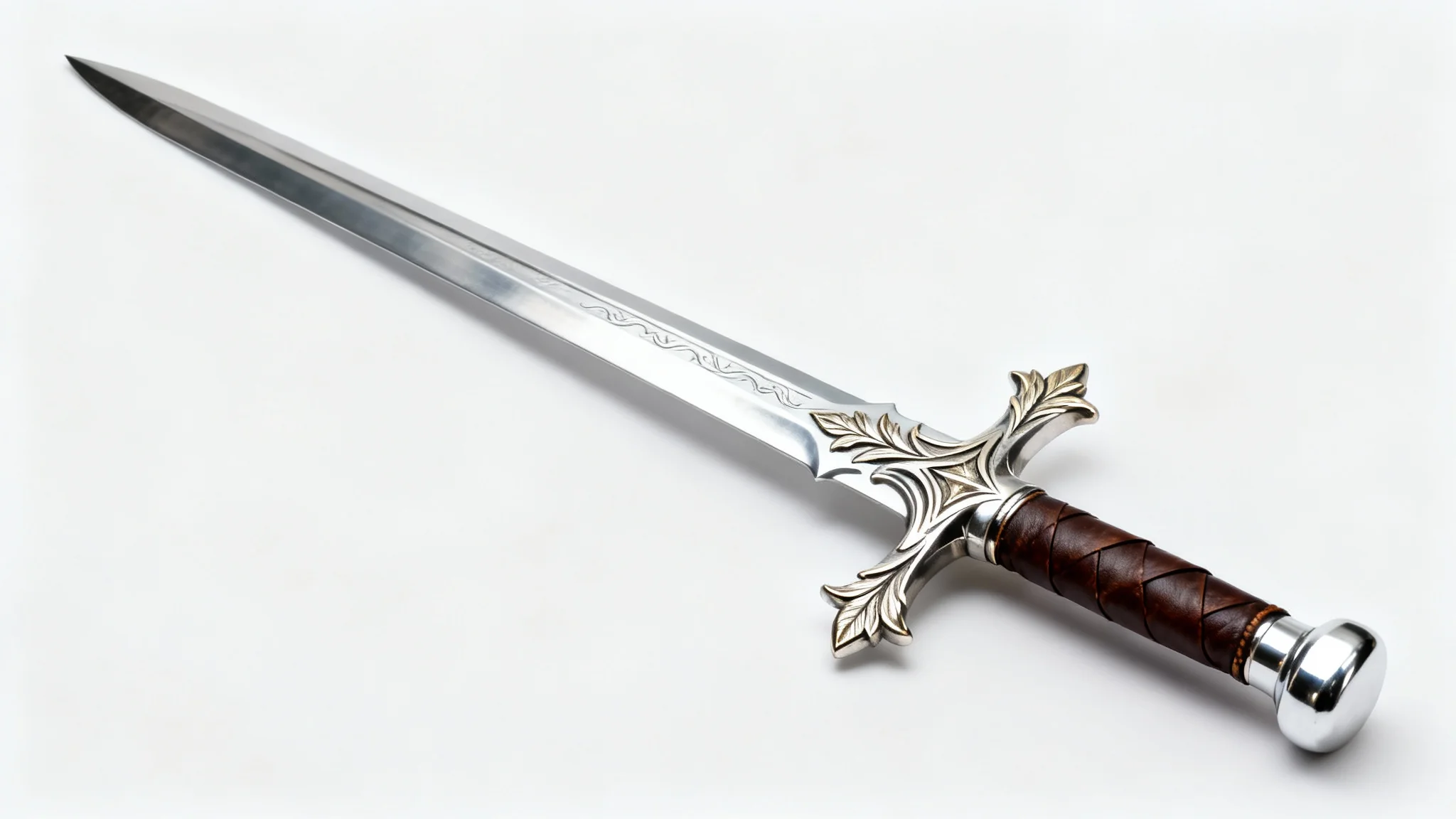 A close-up, detailed photograph of an exquisitely crafted fantasy longsword with a polished steel blade and an ornate silver hilt, set against a plain white background.