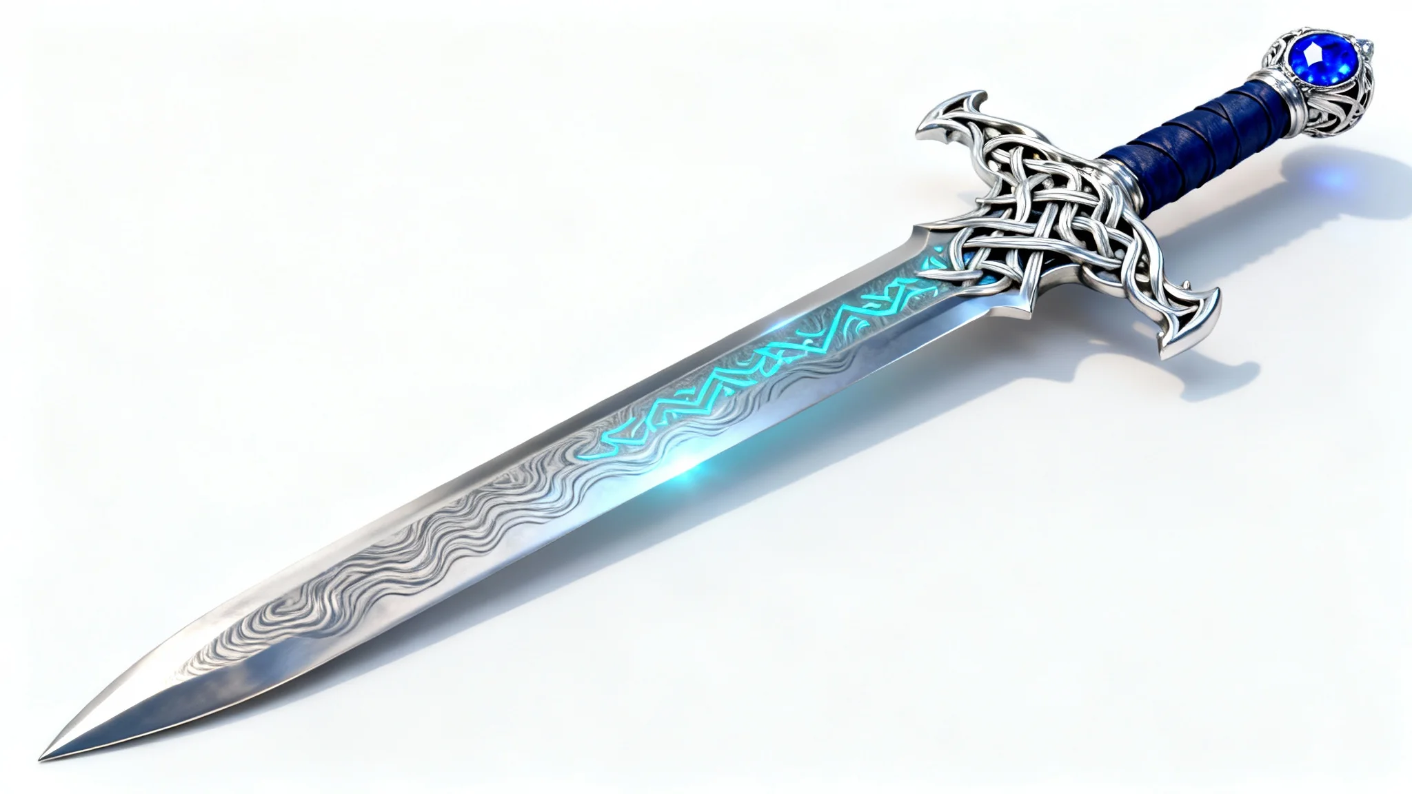 An exquisitely crafted fantasy longsword with an intricate silver hilt, a blue leather grip, a sapphire pommel, and a patterned steel blade with glowing runes, displayed on a clean white background.
