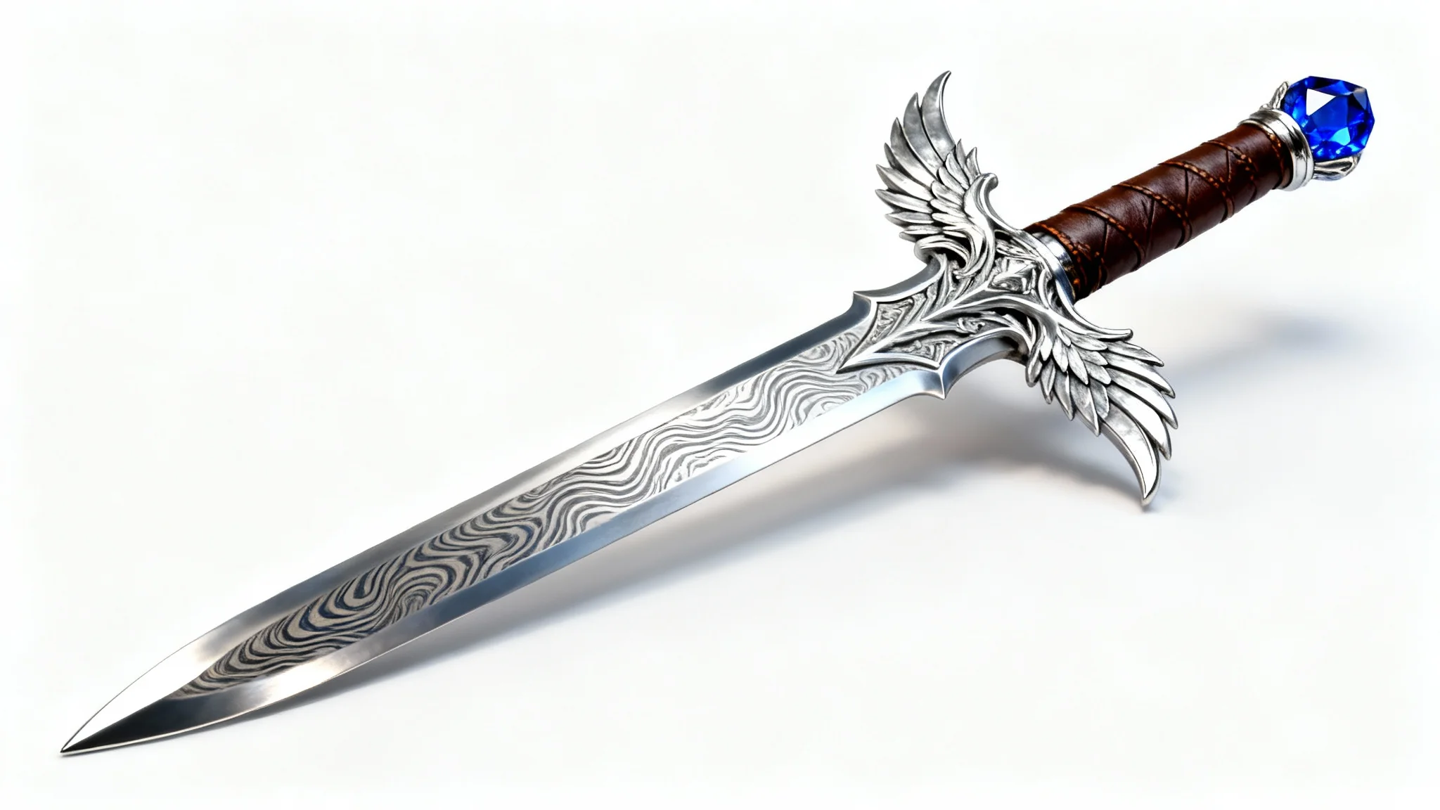An ornate fantasy longsword with a Damascus steel blade, a silver wing-shaped crossguard, and a sapphire pommel, professionally photographed against a plain white background.