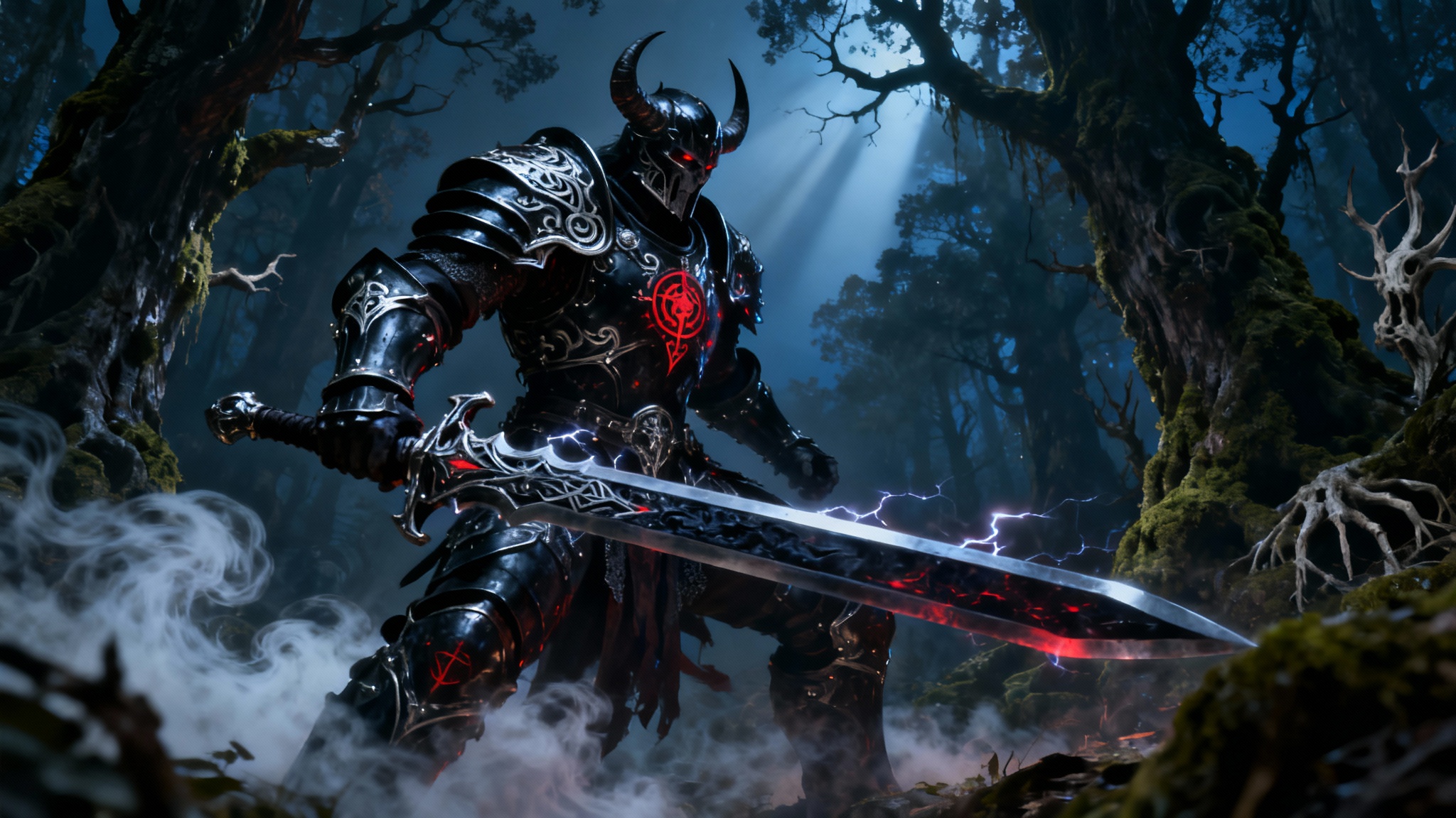 A cinematic, wide-angle depiction of a dark fantasy warrior in intricate black armor with glowing red runes, standing in a misty, dark forest and holding a massive, powerful sword.