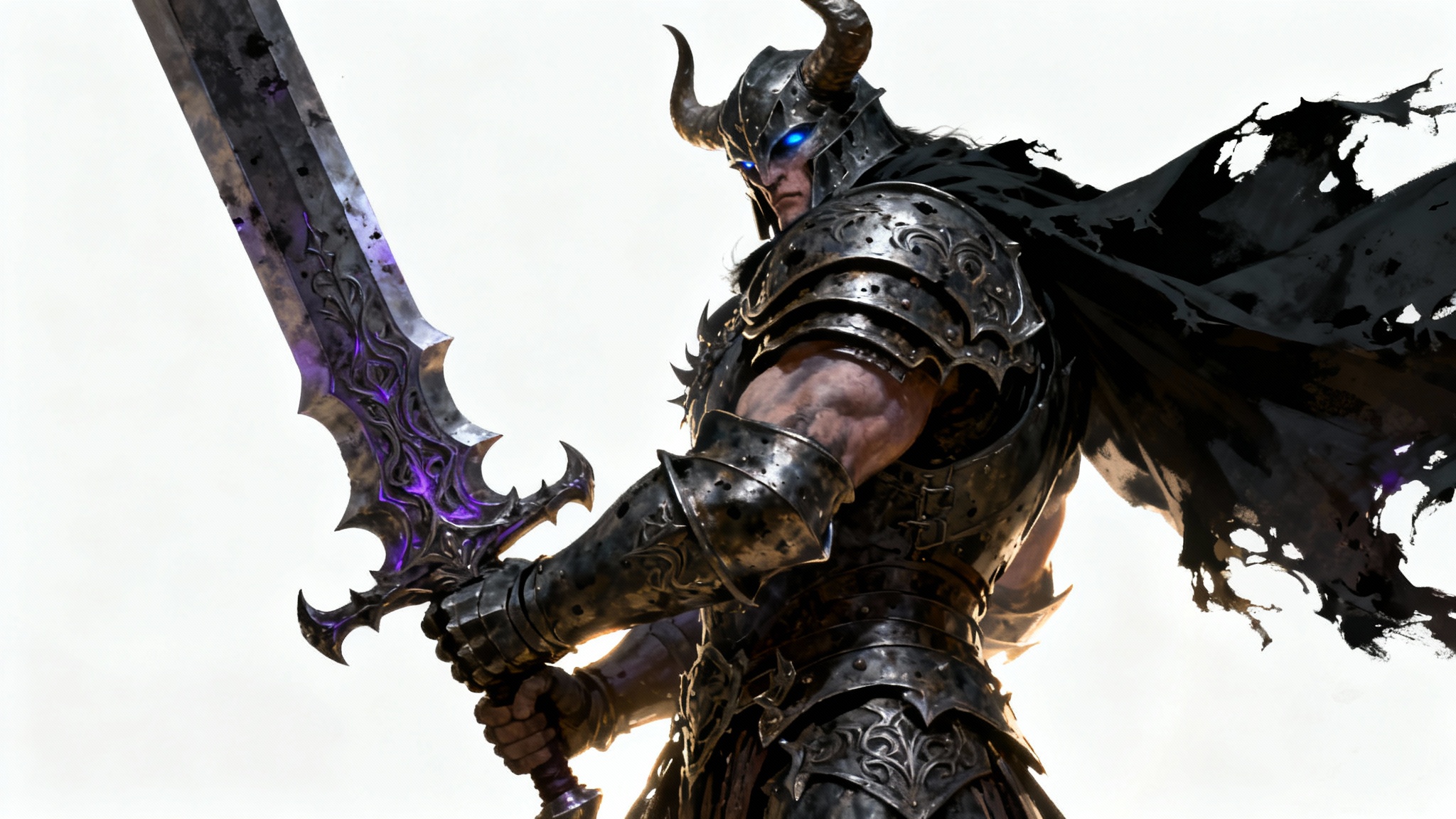 A hyper-realistic digital painting of a dark fantasy warrior in intricate, battle-worn armor holding a massive, glowing purple greatsword against a plain white background.