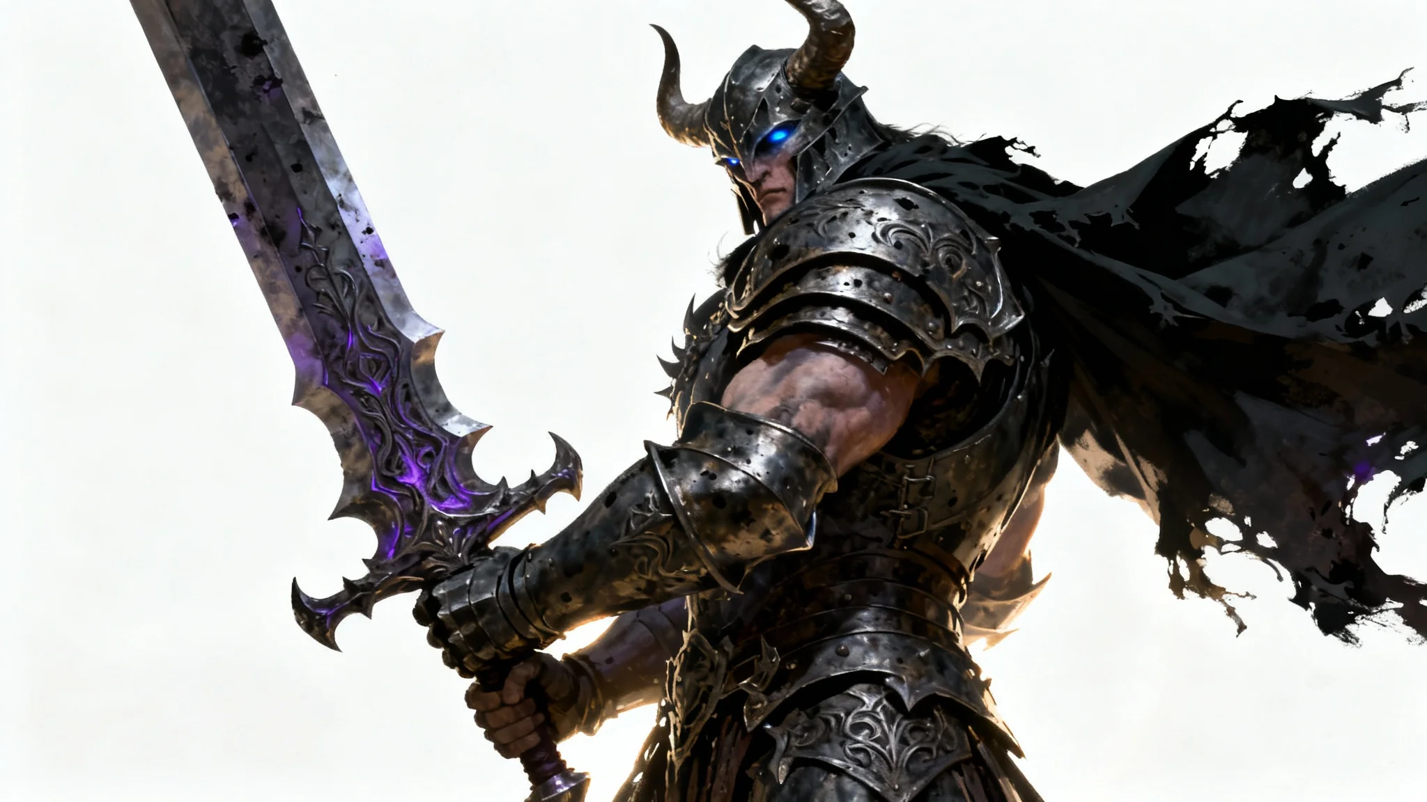 A hyper-realistic digital painting of a dark fantasy warrior in intricate, battle-worn armor holding a massive, glowing purple greatsword against a plain white background.