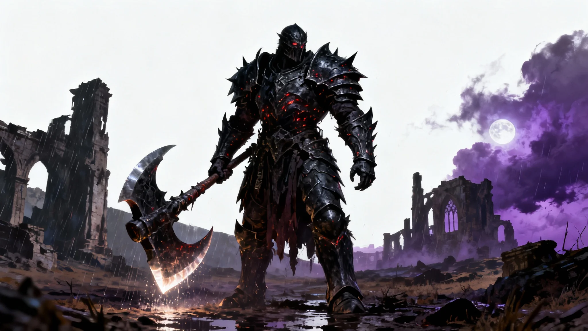 A hyperrealistic digital painting of a dark fantasy warrior in jagged black armor holding a giant battle-axe on a desolate battlefield under a stormy sky, presented on a white background.