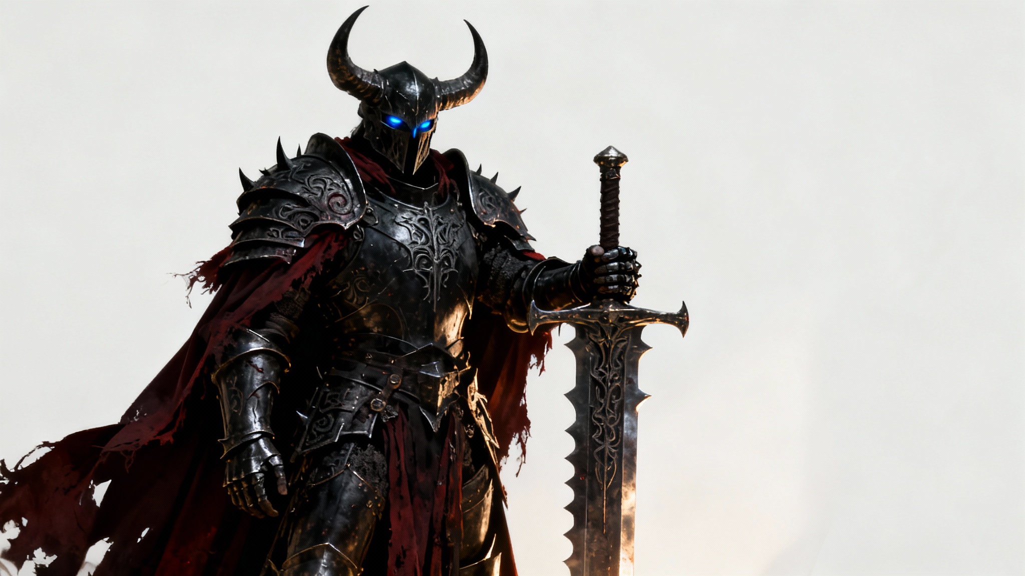 A detailed illustration of a dark fantasy warrior in full black armor and a horned helmet, standing with a giant greatsword against a plain white background.