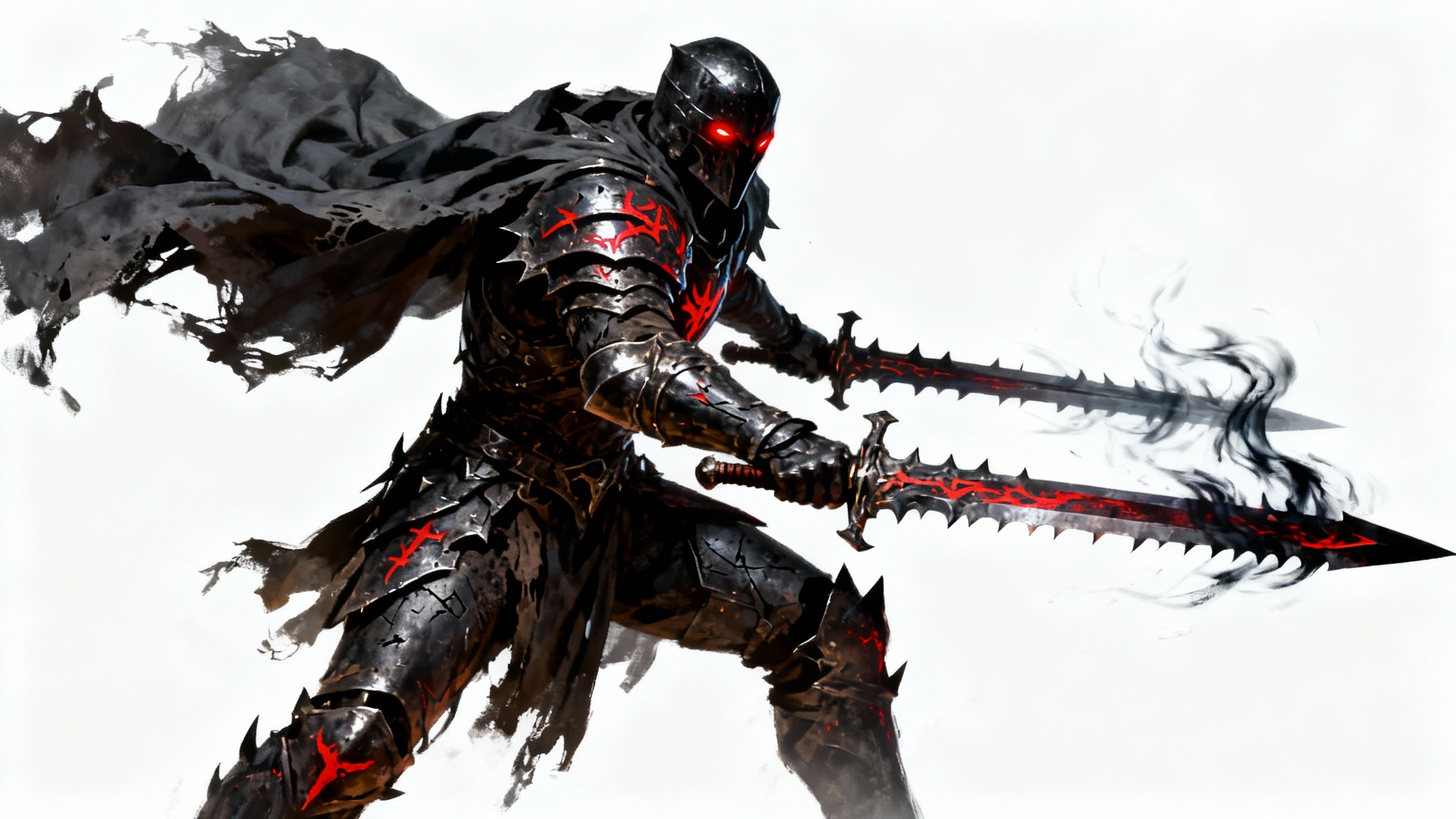 A digital painting of a heavily armored dark fantasy warrior with glowing red eyes and a massive sword, standing against a plain white background.