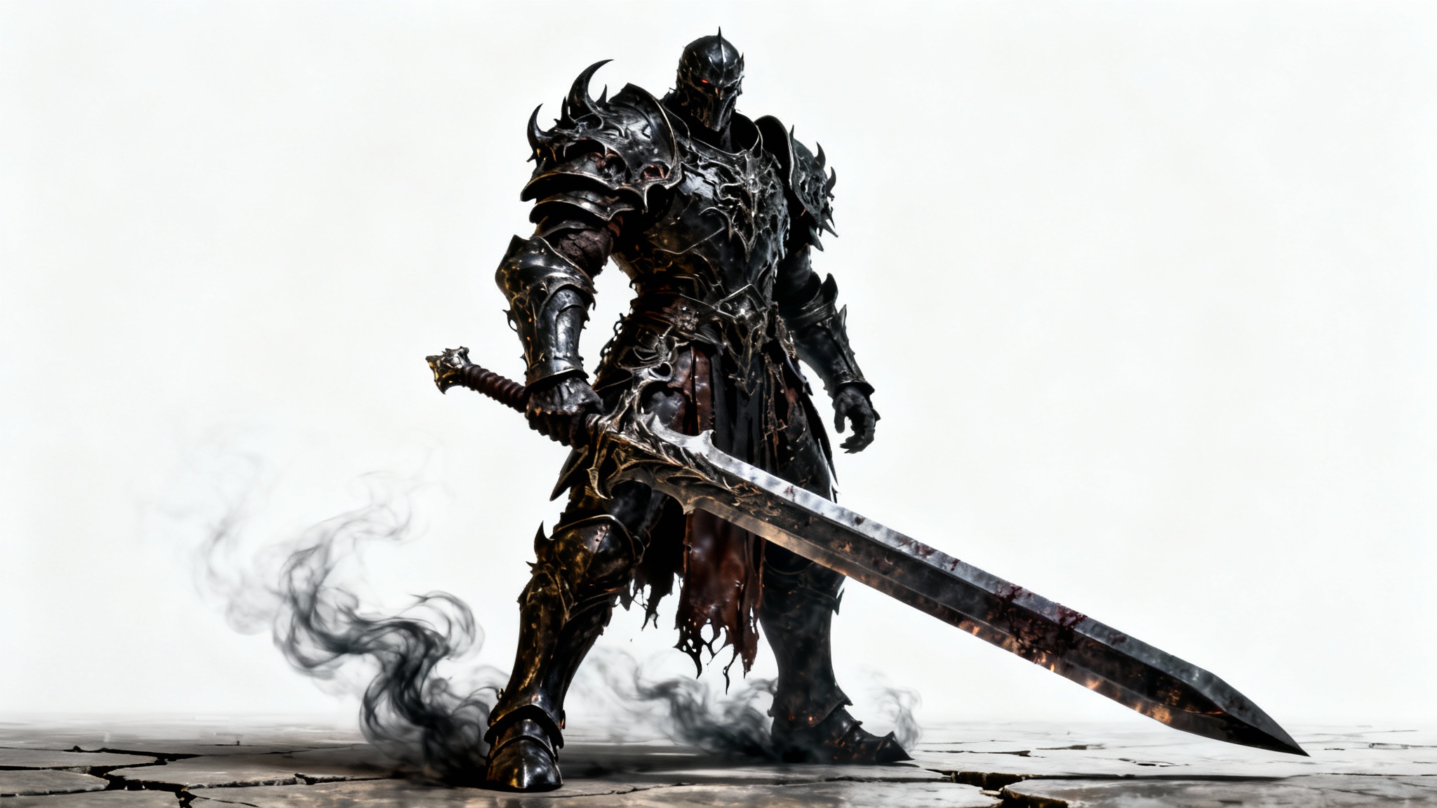 A hyperrealistic digital painting of a dark fantasy warrior in ornate black armor, holding a massive greatsword against a clean white background.