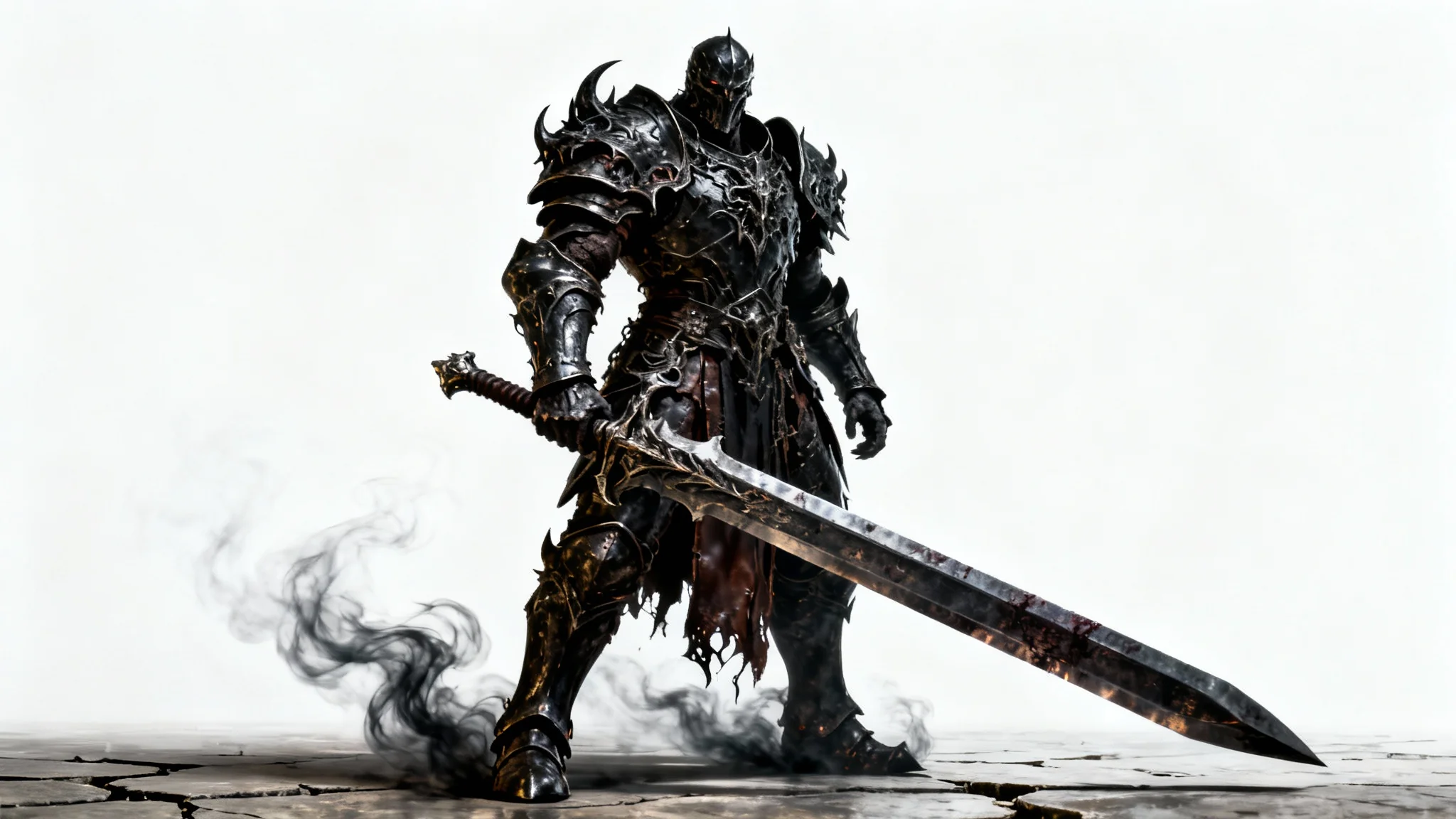 A hyperrealistic digital painting of a dark fantasy warrior in ornate black armor, holding a massive greatsword against a clean white background.