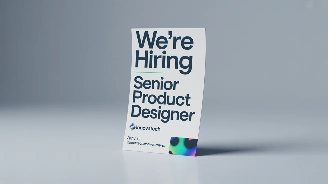 A professionally designed 'We're Hiring' job poster for a Senior Product Designer, shown at an angle on a clean, light gray background.