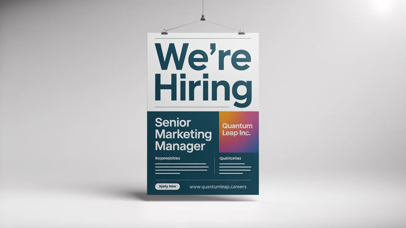 A professionally designed mockup of a job poster for a 'Senior Marketing Manager' at 'Quantum Leap Inc.' The poster features the headline 'WE'RE HIRING' and has a clean, modern design against a white background.