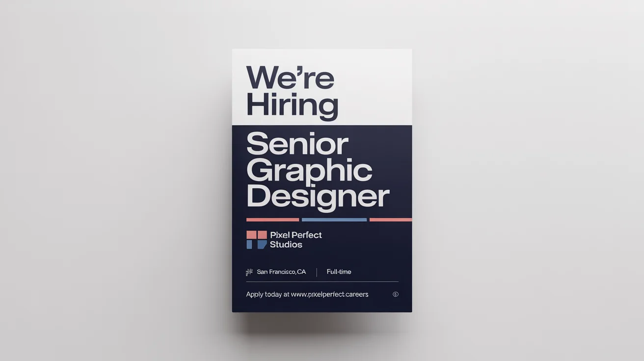 A professional job poster mockup for a Senior Graphic Designer at Pixel Perfect Studios, displayed on a white background.