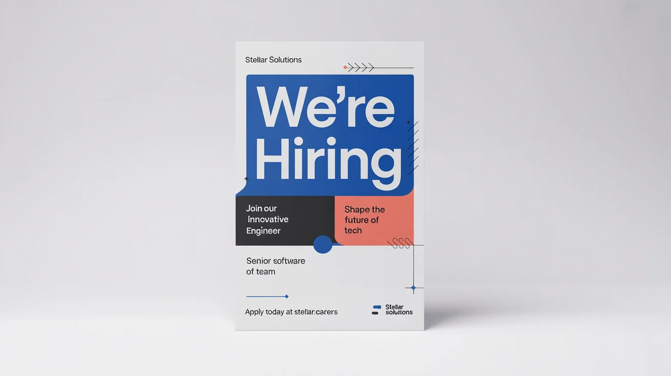 A modern job poster for a 'Senior Software Engineer' at 'Stellar Solutions'. The poster has a clean design and reads 'WE'RE HIRING', set against a white background.