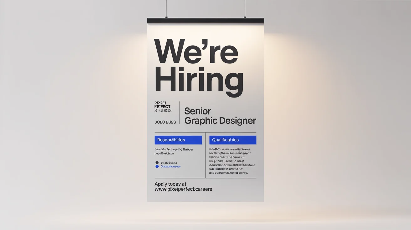 A modern, professional job poster mockup for a 'Senior Graphic Designer' at 'Pixel Perfect Studios', displayed on a clean white background.