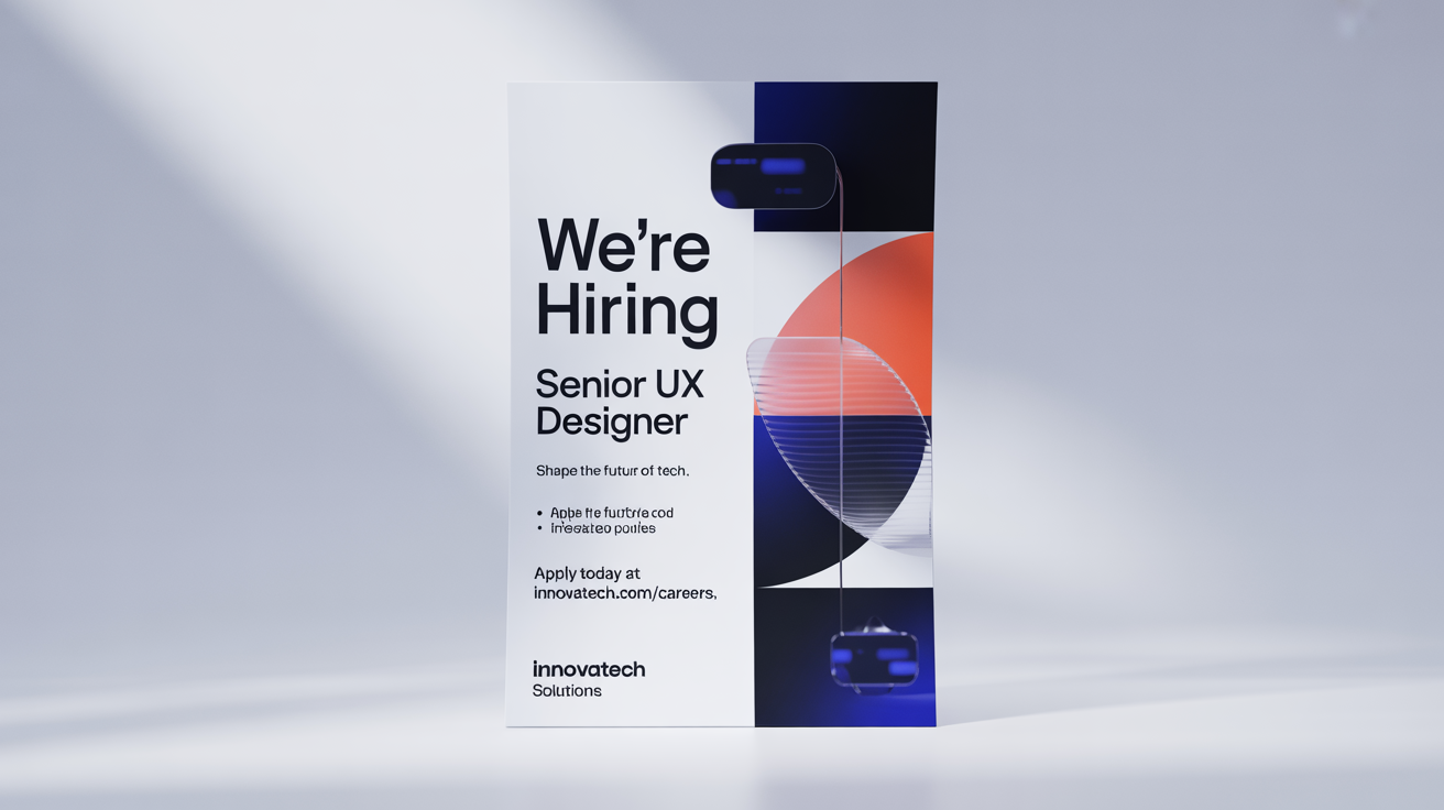 A professional and modern job poster for a 'Senior UX Designer' at 'Innovatech Solutions', featuring bold text and abstract geometric designs, set against a clean white background.