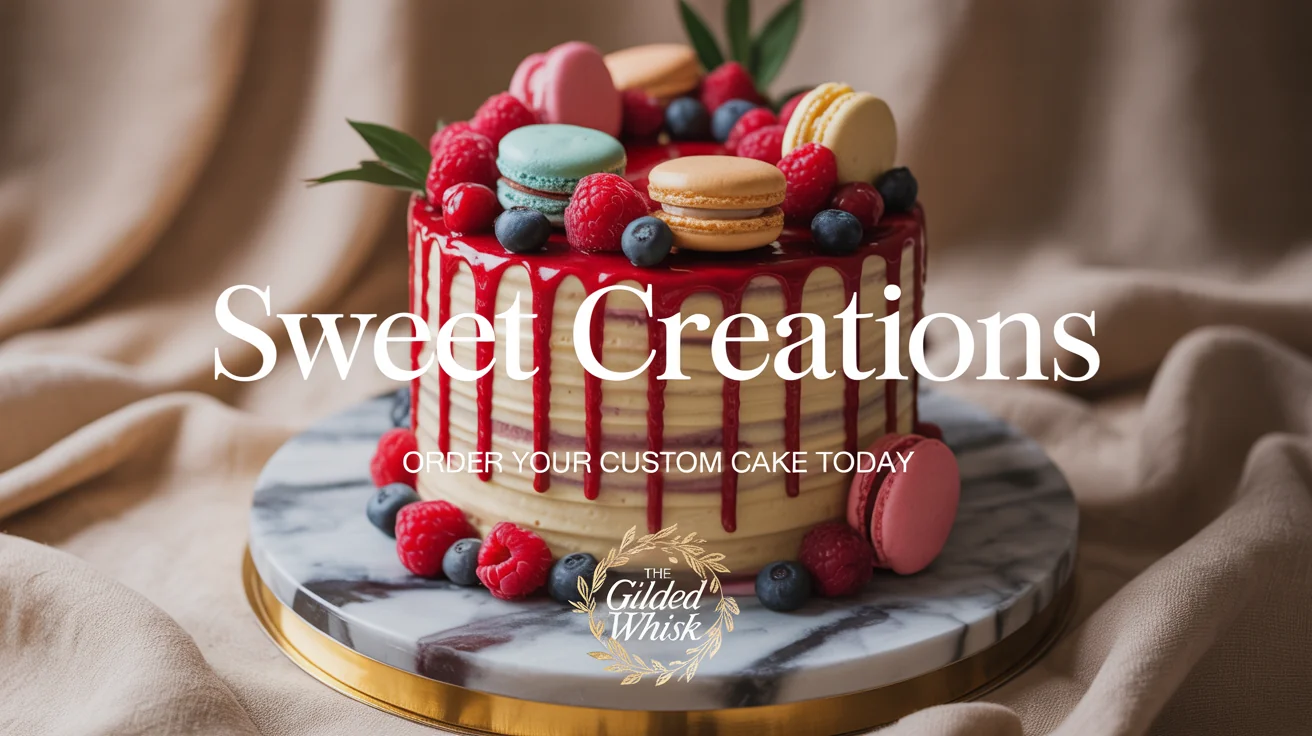 A professionally designed hero image for a bakery featuring a beautiful drip cake with the headline 'Sweet Creations'.