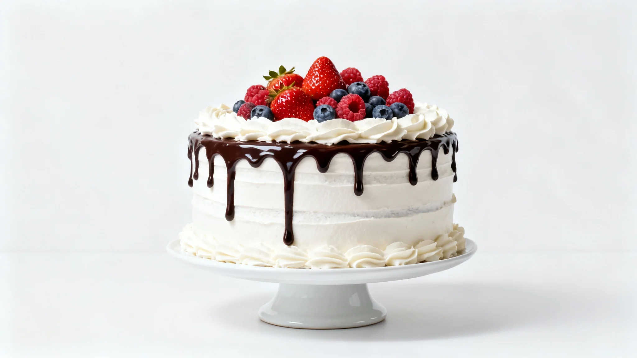 A professionally photographed multi-layered cake with white frosting, a chocolate drip, and fresh berry toppings, displayed on a white cake stand against a clean white background.