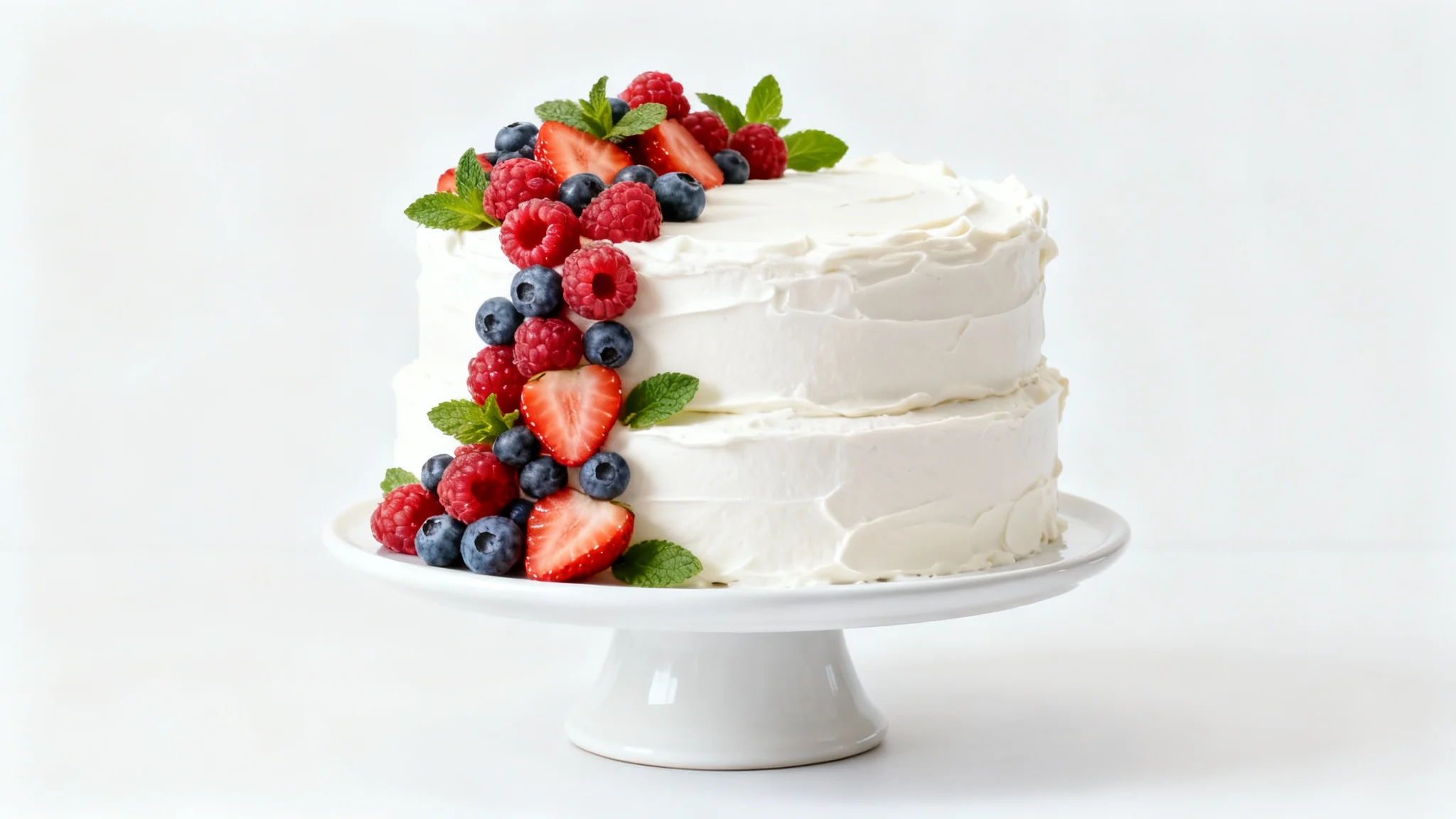 A stunning, professional photograph of a three-layer white buttercream cake decorated with a cascade of fresh berries, sitting on a white stand against a pure white background.
