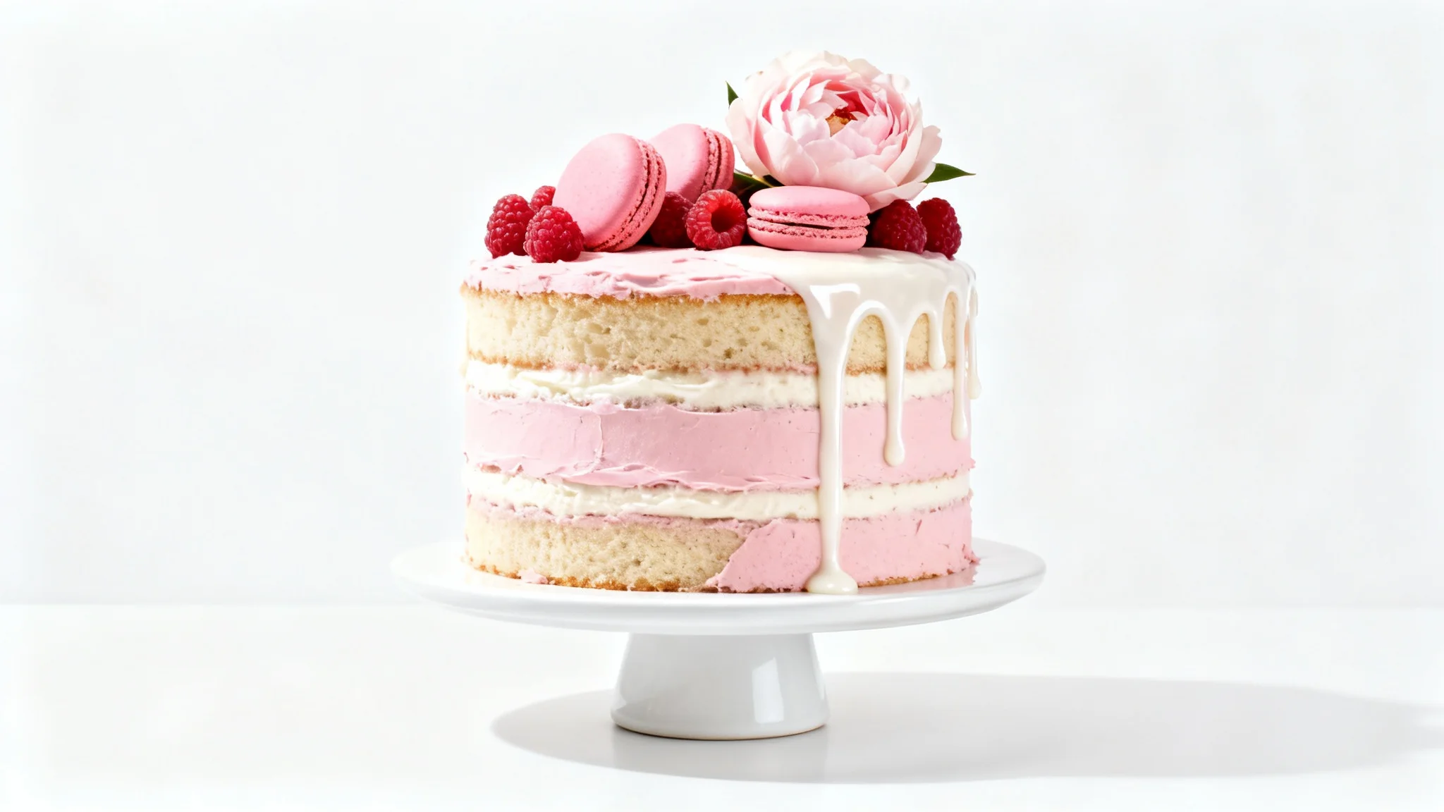 A photorealistic mockup of a beautiful multi-layered pink cake on a white stand, decorated with raspberries, macarons, and a peony flower, set against a clean white background.