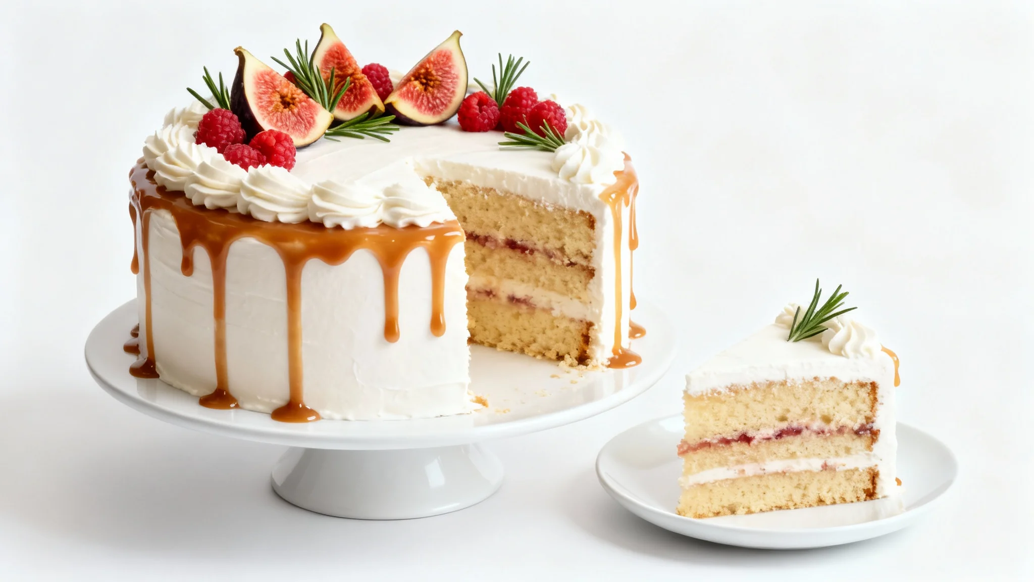 A photorealistic image of a beautiful white buttercream cake with caramel drips and fresh fig and raspberry toppings, with one slice cut out and placed beside it, all on a clean white background.